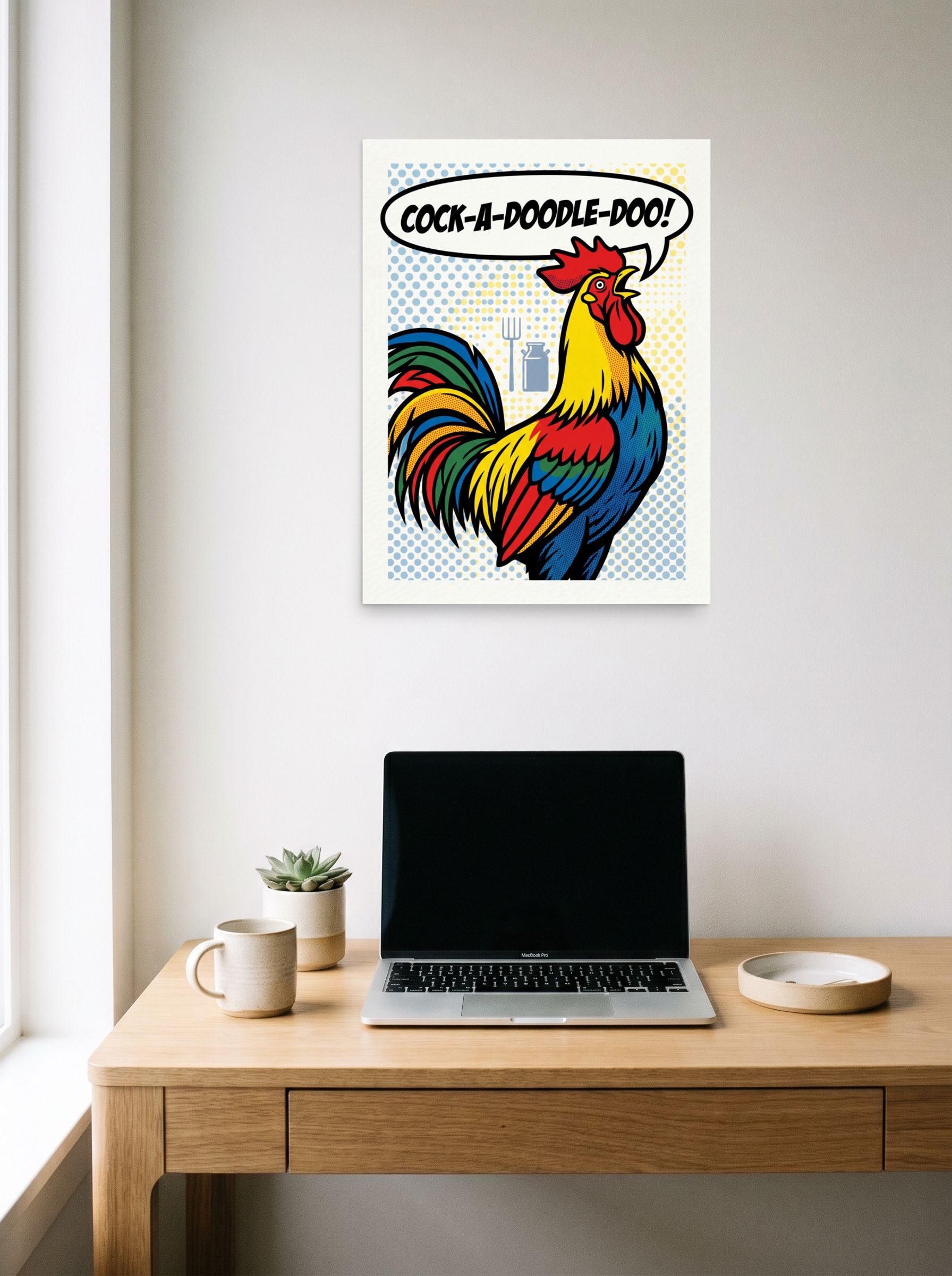 A 18x24 inch unframed paper Pop art print of 'Morning Call' hanging above a worktable with a laptop.