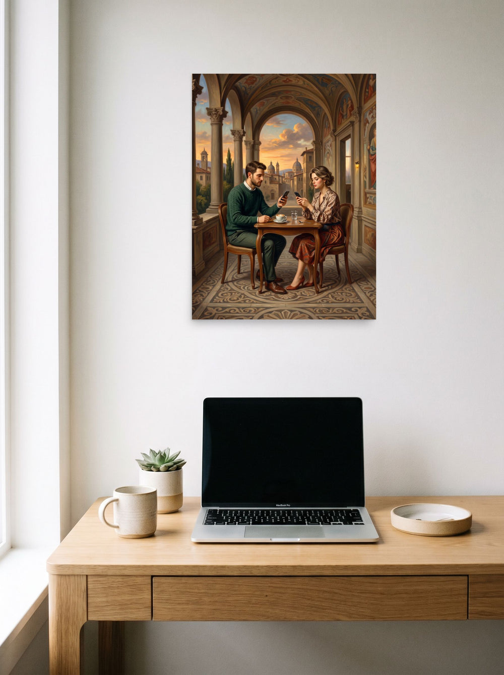 A 18x24 inch unframed paper version of 'Loggia of Distraction', Renaissance wall art, styled above a home-office workspace.