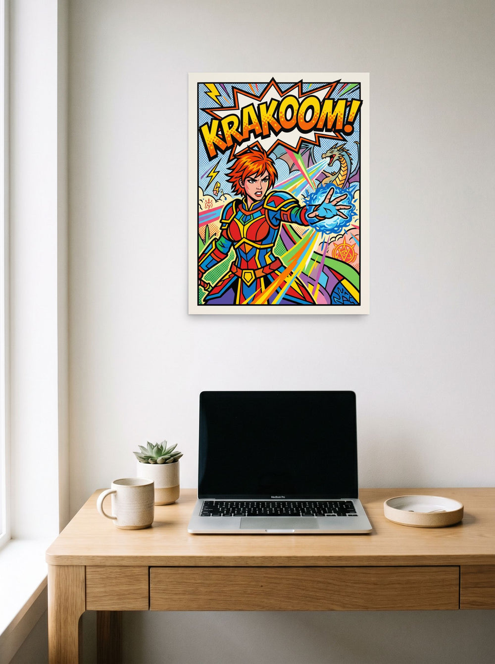 A 18x24 inch unframed paper Pop art print of 'Krakoom Warrior Blast' hanging above a worktable with a laptop.