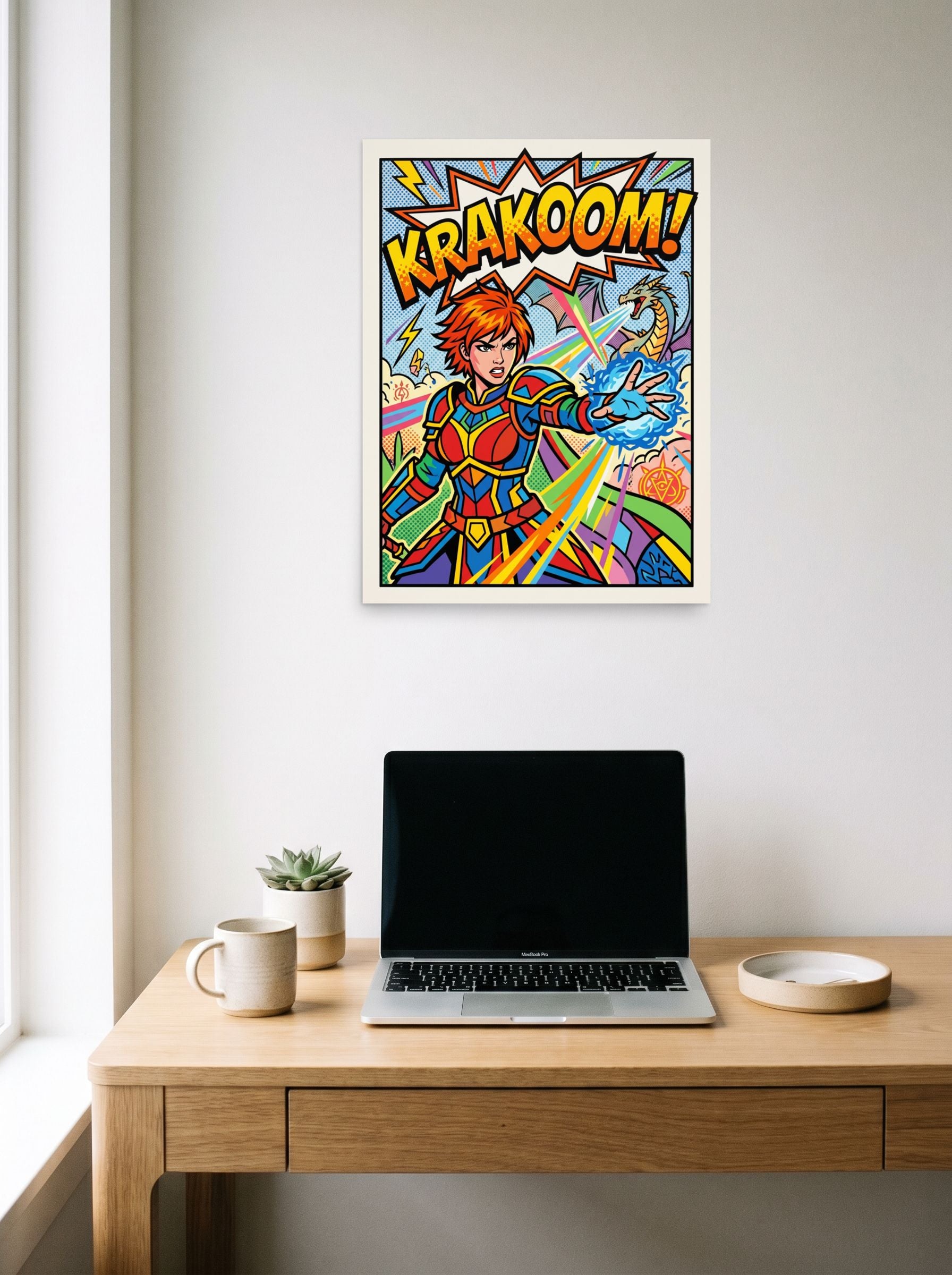 A 18x24 inch unframed paper Pop art print of 'Krakoom Warrior Blast' hanging above a worktable with a laptop.