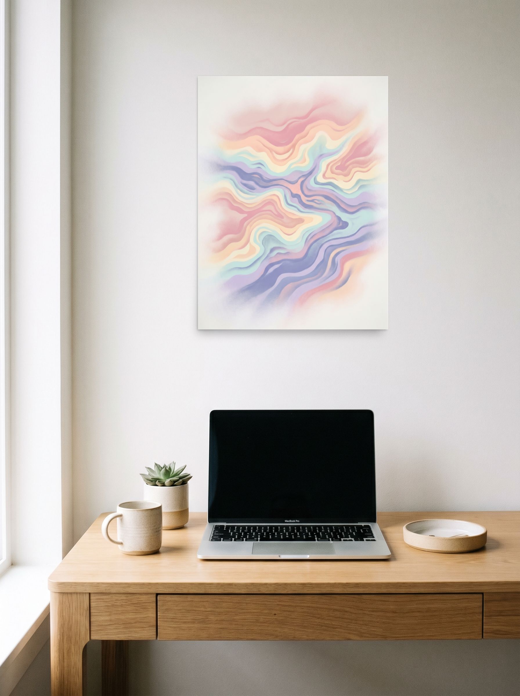 A 18x24 inch unframed paper Abstract art print of 'Pastel Waves' hanging above a worktable with a laptop.