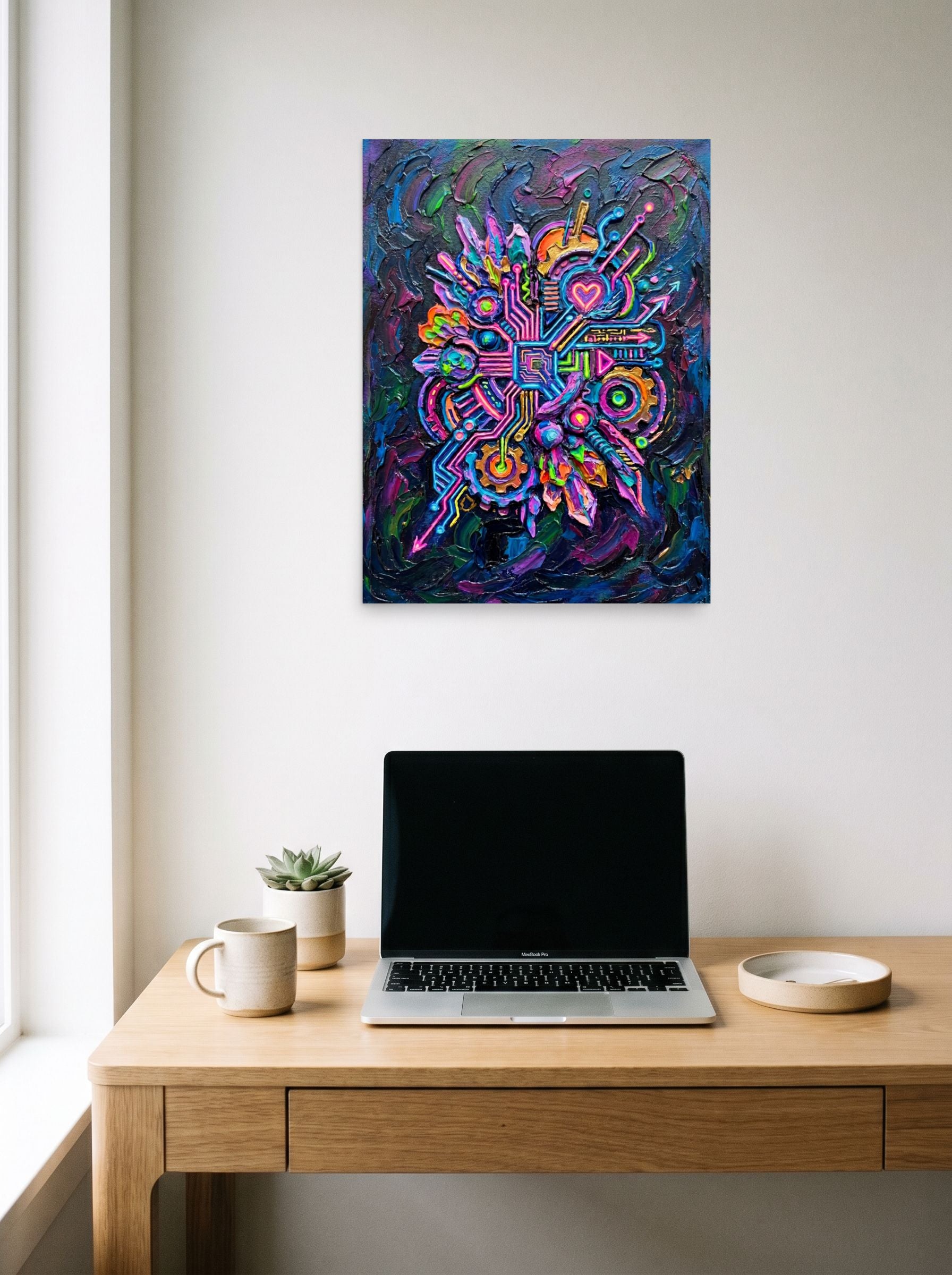 A 18x24 inch unframed paper Modernism print of 'Neon Circuit Heart' hanging above a worktable with a laptop.
