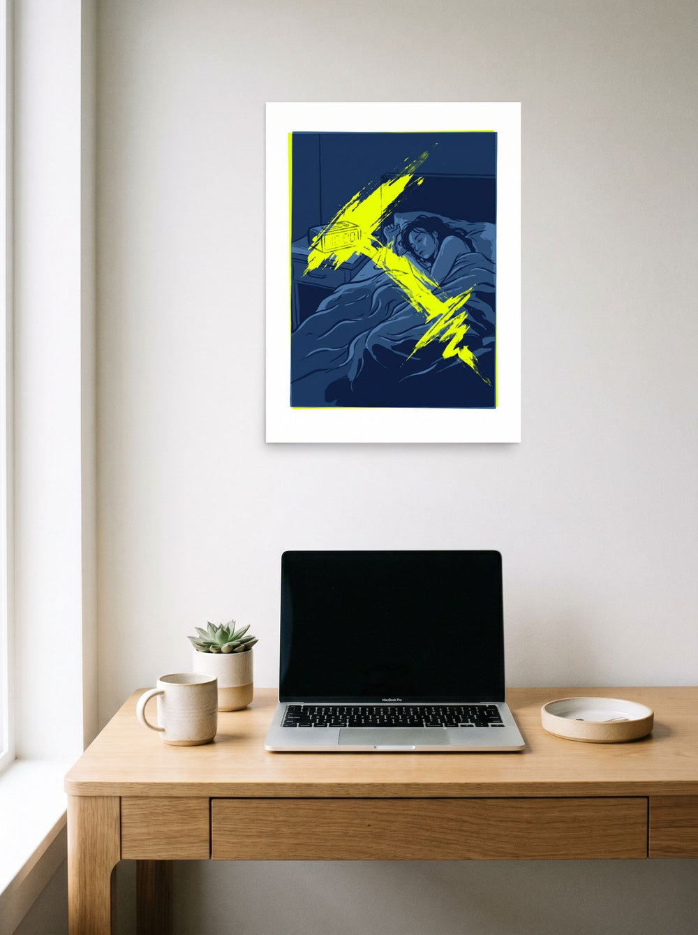 See 'Jarring Wakefulness' as a unframed paper print (18x24 inch), displayed over a compact desk setup.
