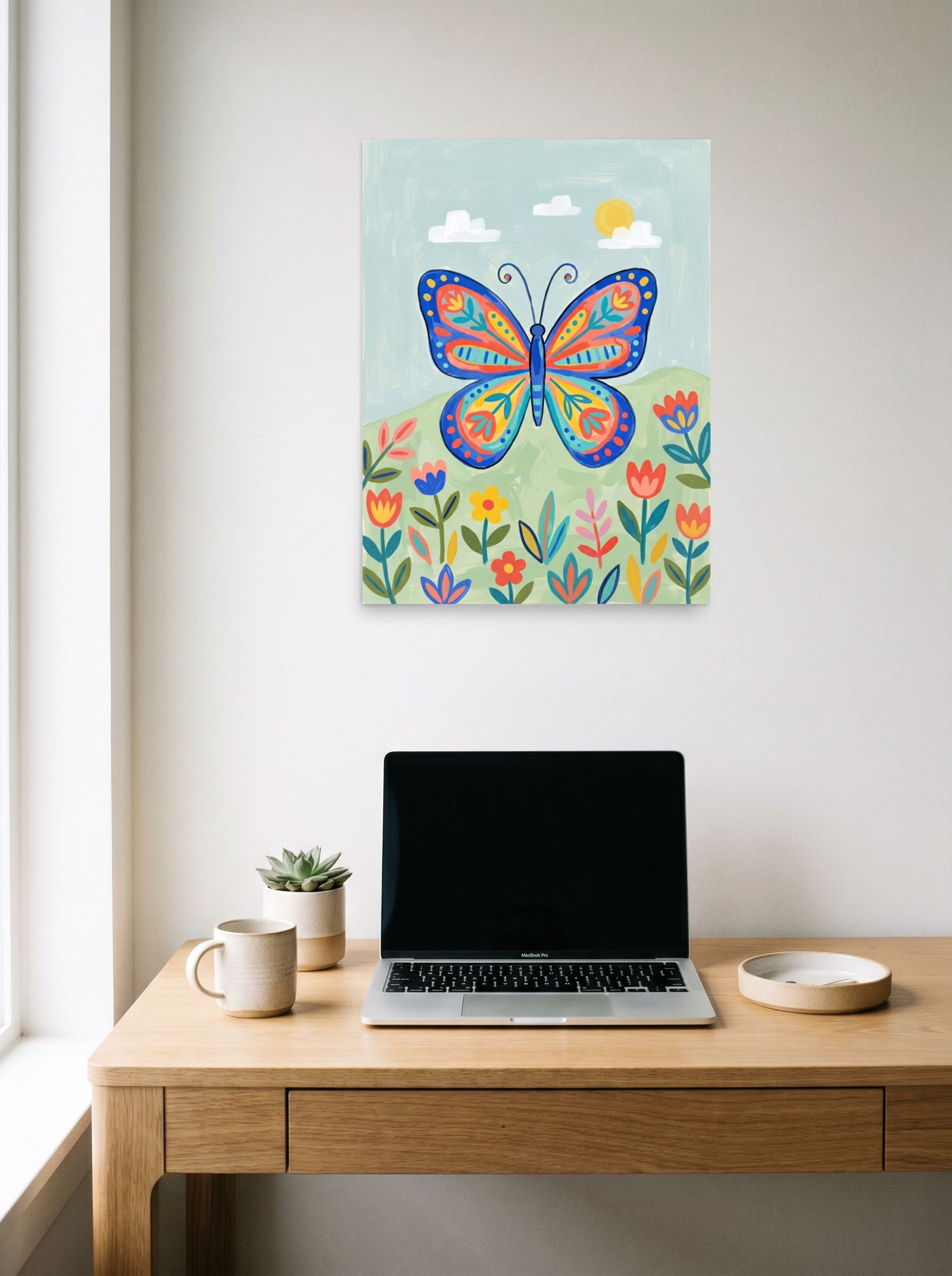 A 18x24 inch unframed paper Naive art print of 'The Joyful Butterfly' hanging above a worktable with a laptop.