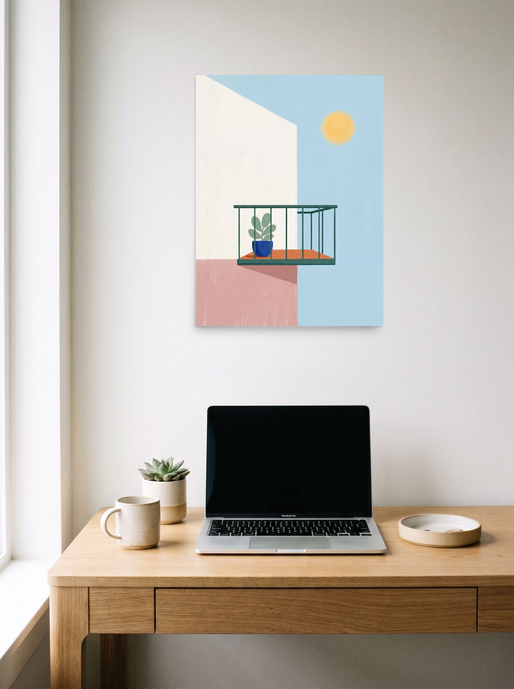 A 18x24 inch unframed paper Minimalism print of 'Sunlit Balcony' hanging above a worktable with a laptop.