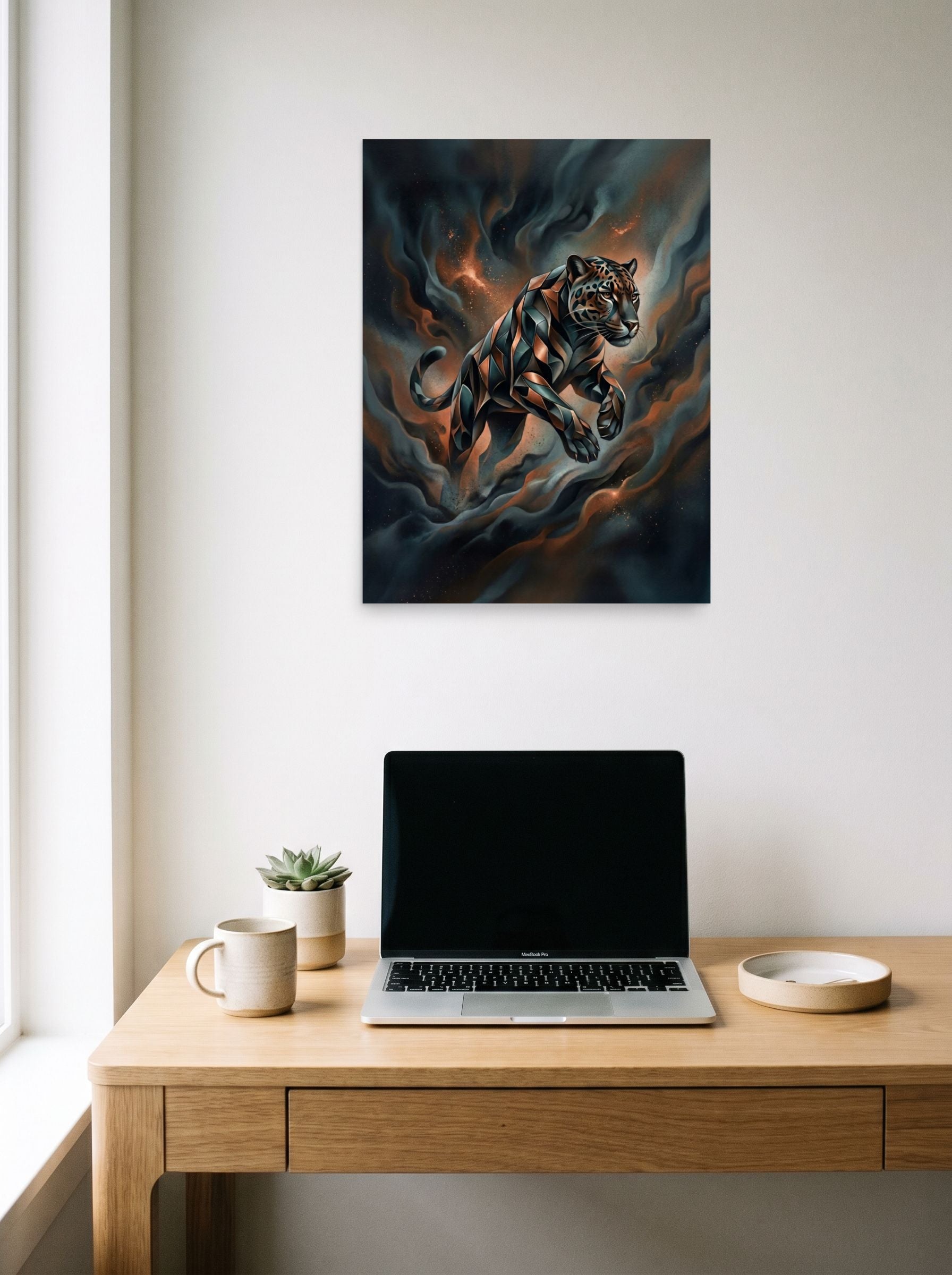A 18x24 inch unframed paper Digital art print of 'Phantom Leap' hanging above a worktable with a laptop.