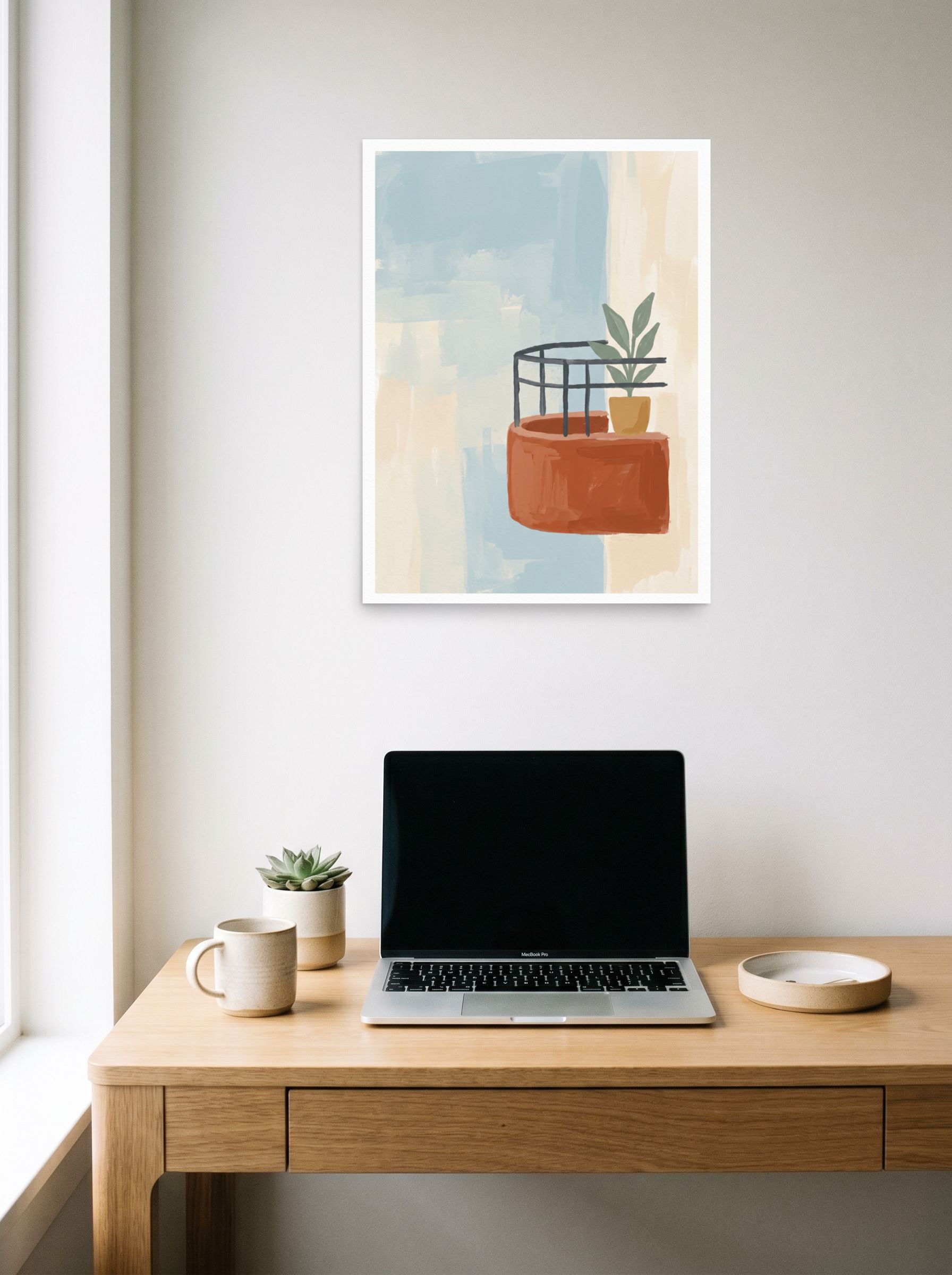 A 18x24 inch unframed paper Abstract art print of 'Balcony Impression' hanging above a worktable with a laptop.