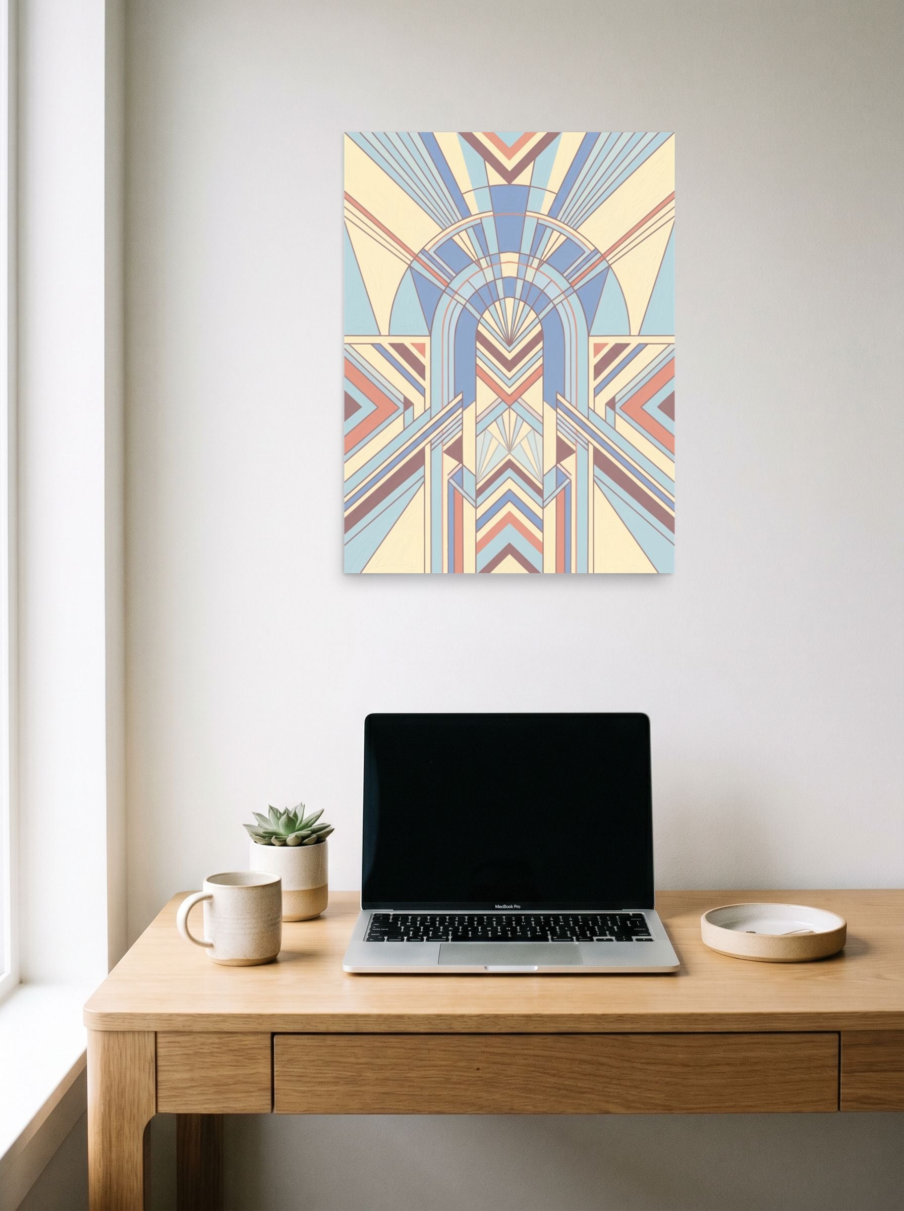 A 18x24 inch unframed paper Art Deco print of 'Pastel Deco Portal' hanging above a worktable with a laptop.
