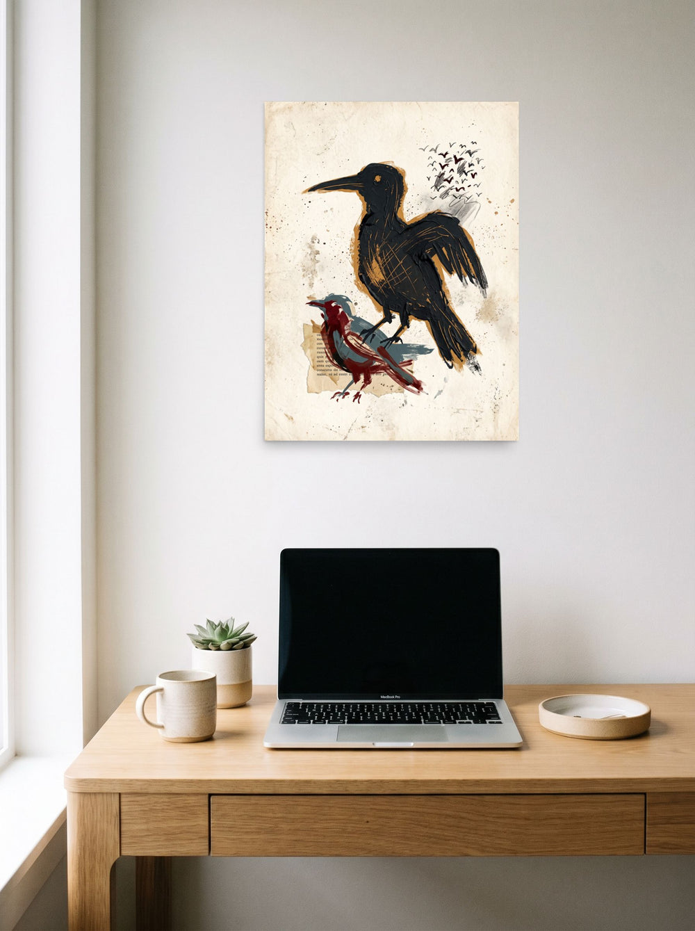 A 18x24 inch unframed paper Dau-al-Set print of 'Sentinels of the Page', displayed over a compact desk setup.