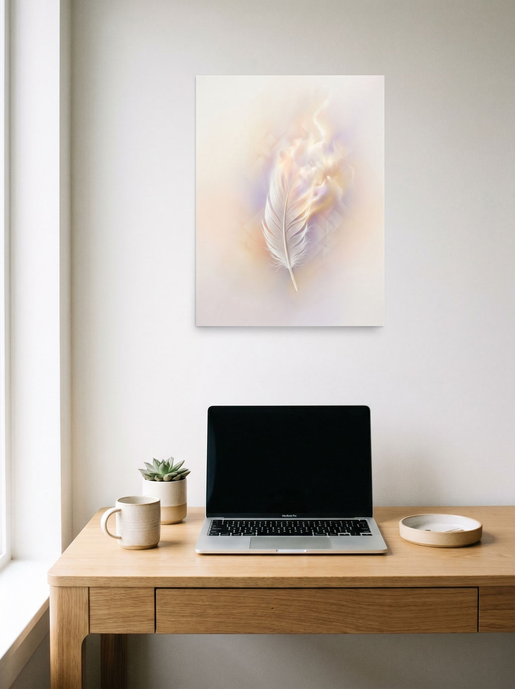 A 18x24 inch unframed paper Abstract art print of 'Ethereal Plume' hanging above a worktable with a laptop.