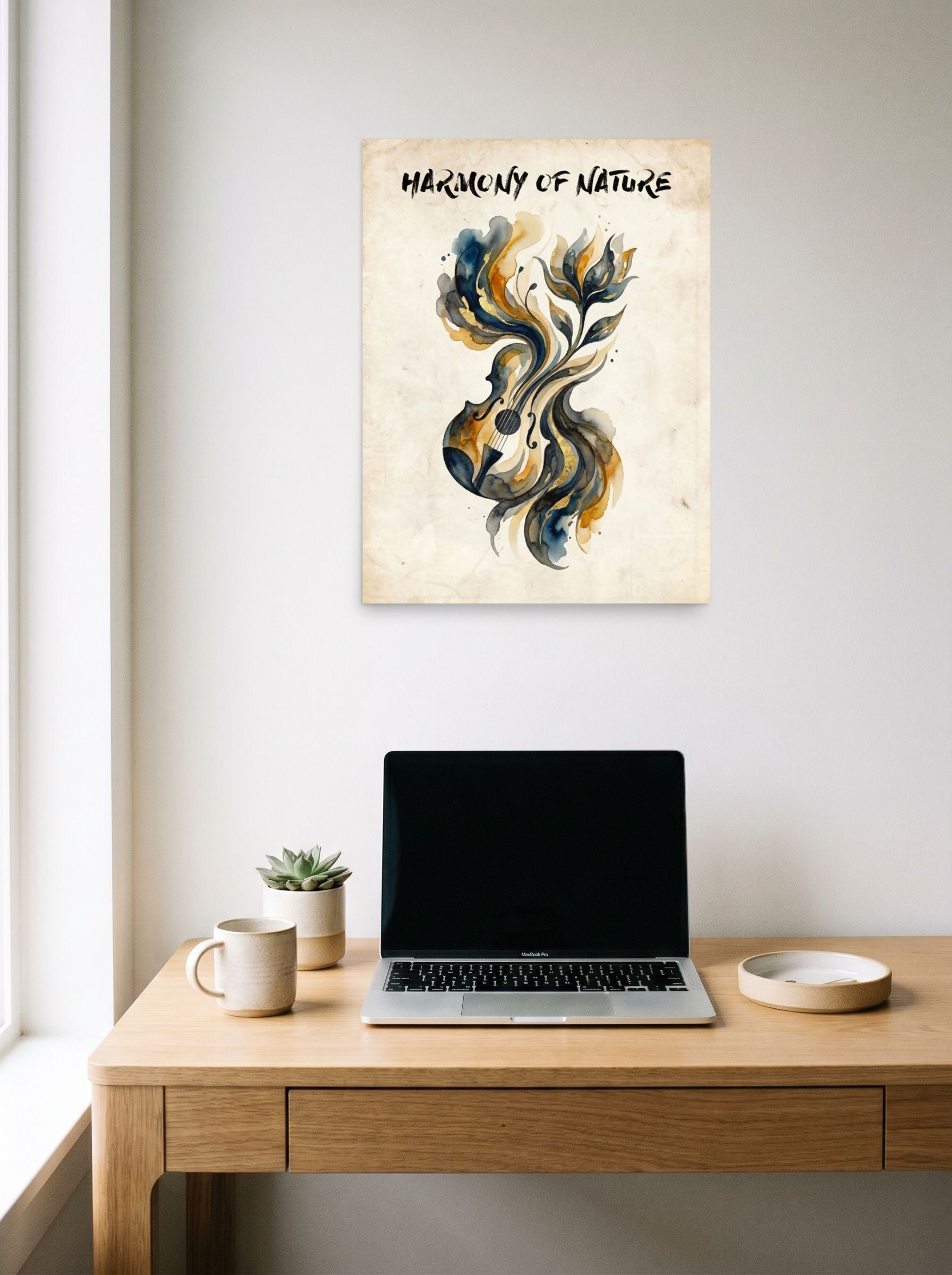 A 18x24 inch unframed paper Fine Art print of 'Harmony of Nature' hanging above a worktable with a laptop.
