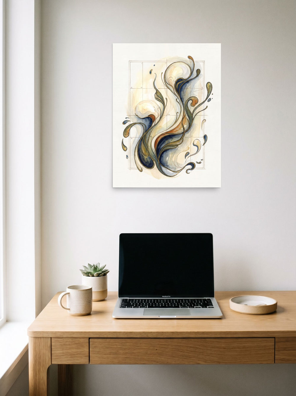 'Fluid Coordinates', a Lyco art print displayed over a compact desk setup. Shown as unframed paper, 18x24 inch.