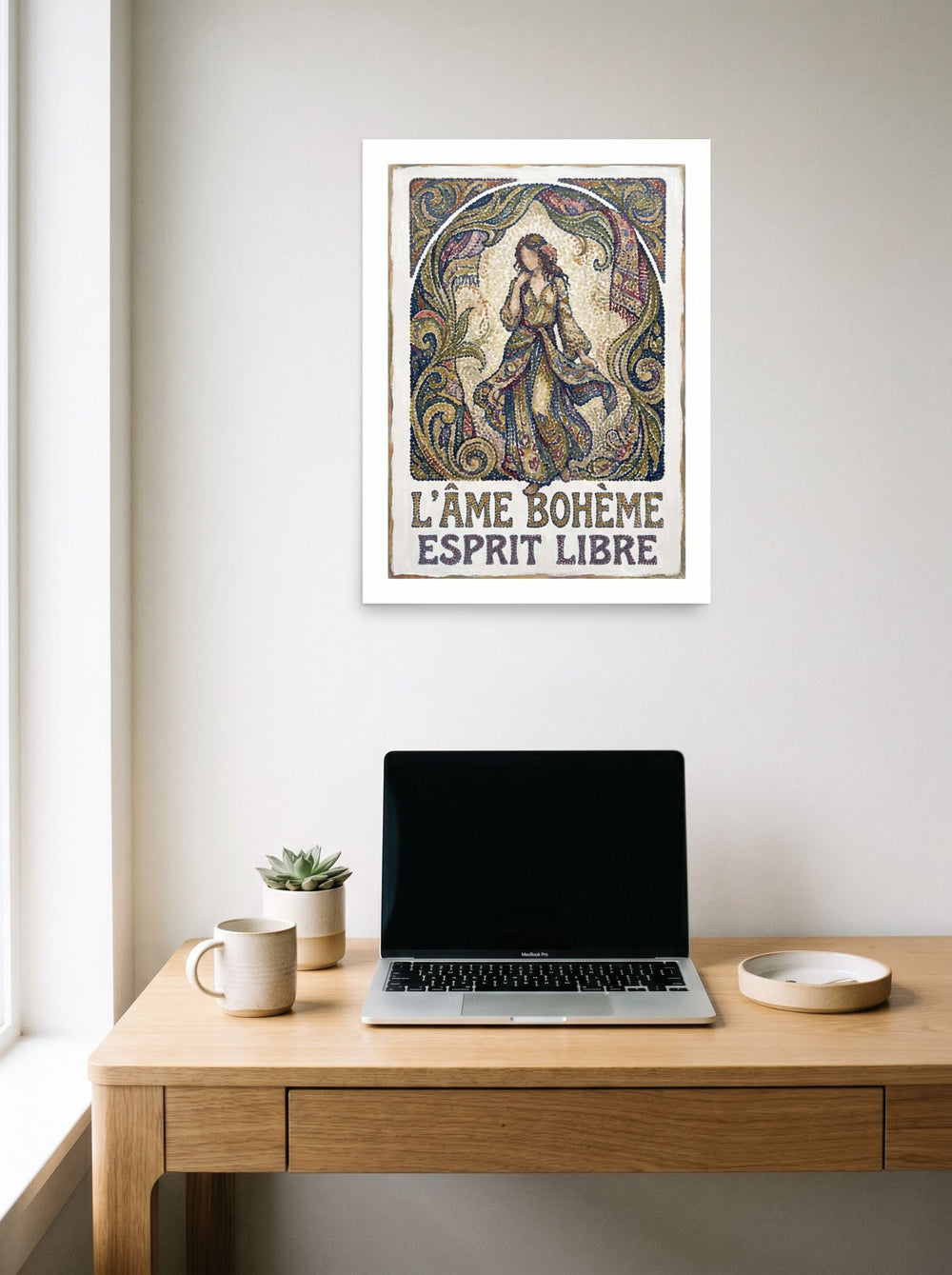 The Art Nouveau print 'The Bohemian Spirit', 18x24 inch unframed paper, displayed over a compact desk setup.