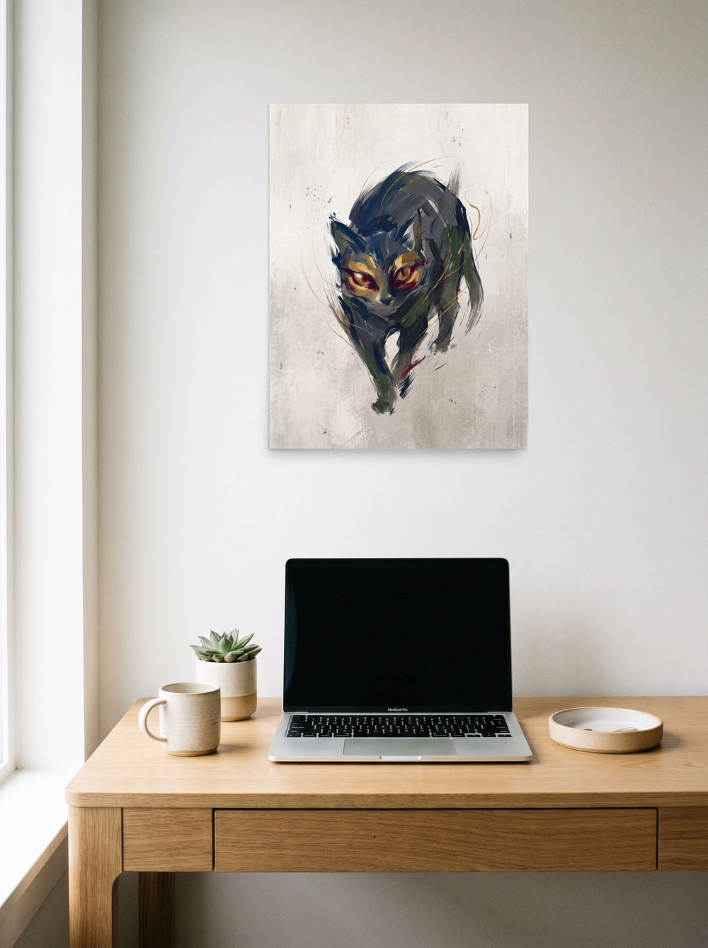 'Eyes of Bastet', a Expressionism print styled above a home-office workspace. Shown as unframed paper, 18x24 inch.