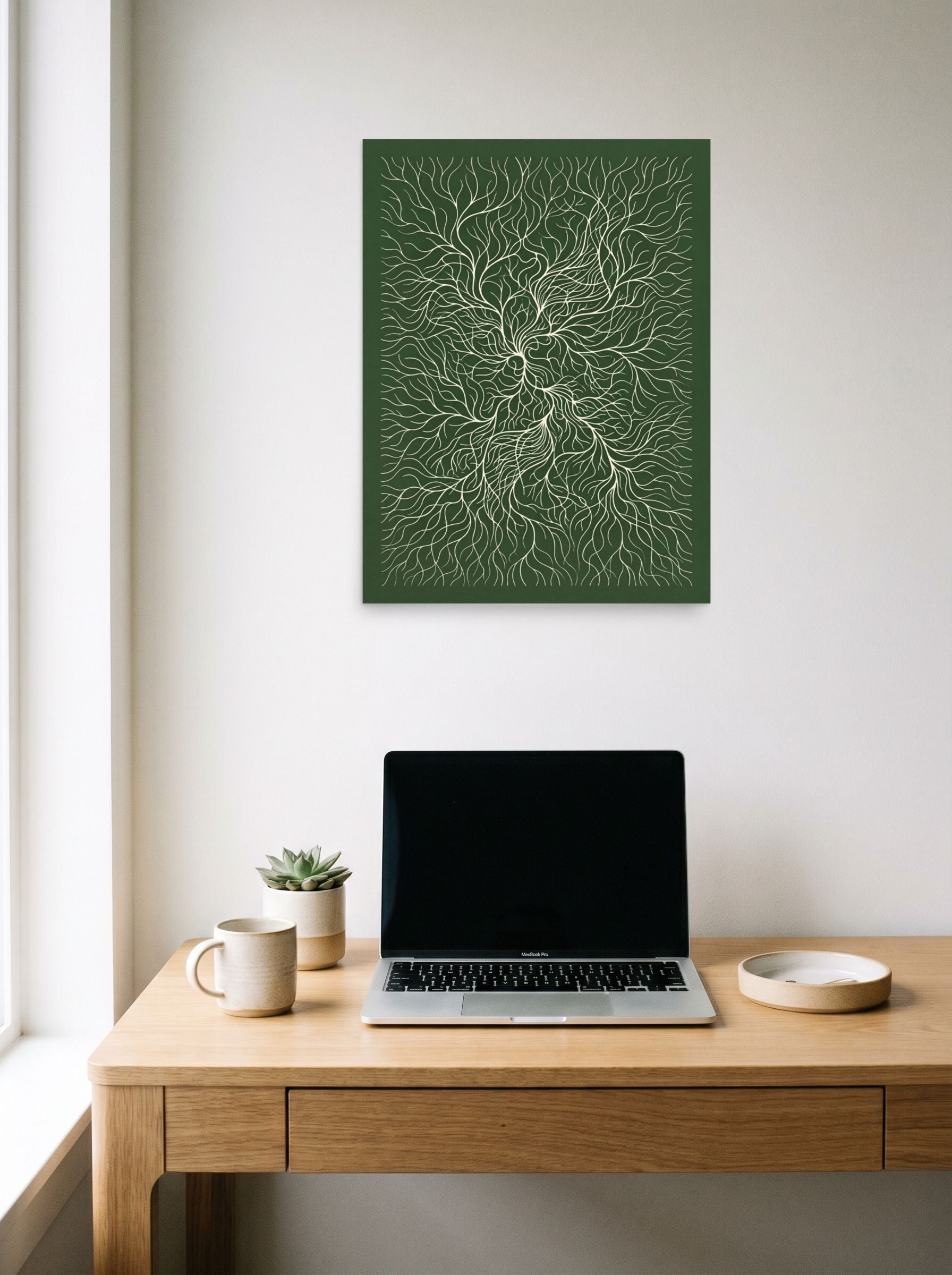 A 18x24 inch unframed paper Abstract art,Minimalism print of 'Emerald Roots' hanging above a worktable with a laptop.