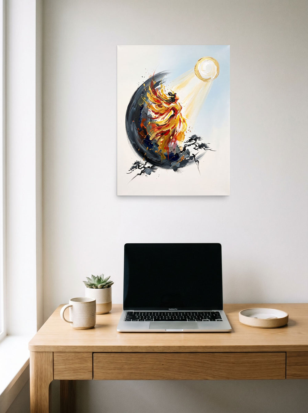 Expressionism wall art 'Ascent of the Sun Goddess', unframed paper at 18x24 inch, displayed over a compact desk setup.