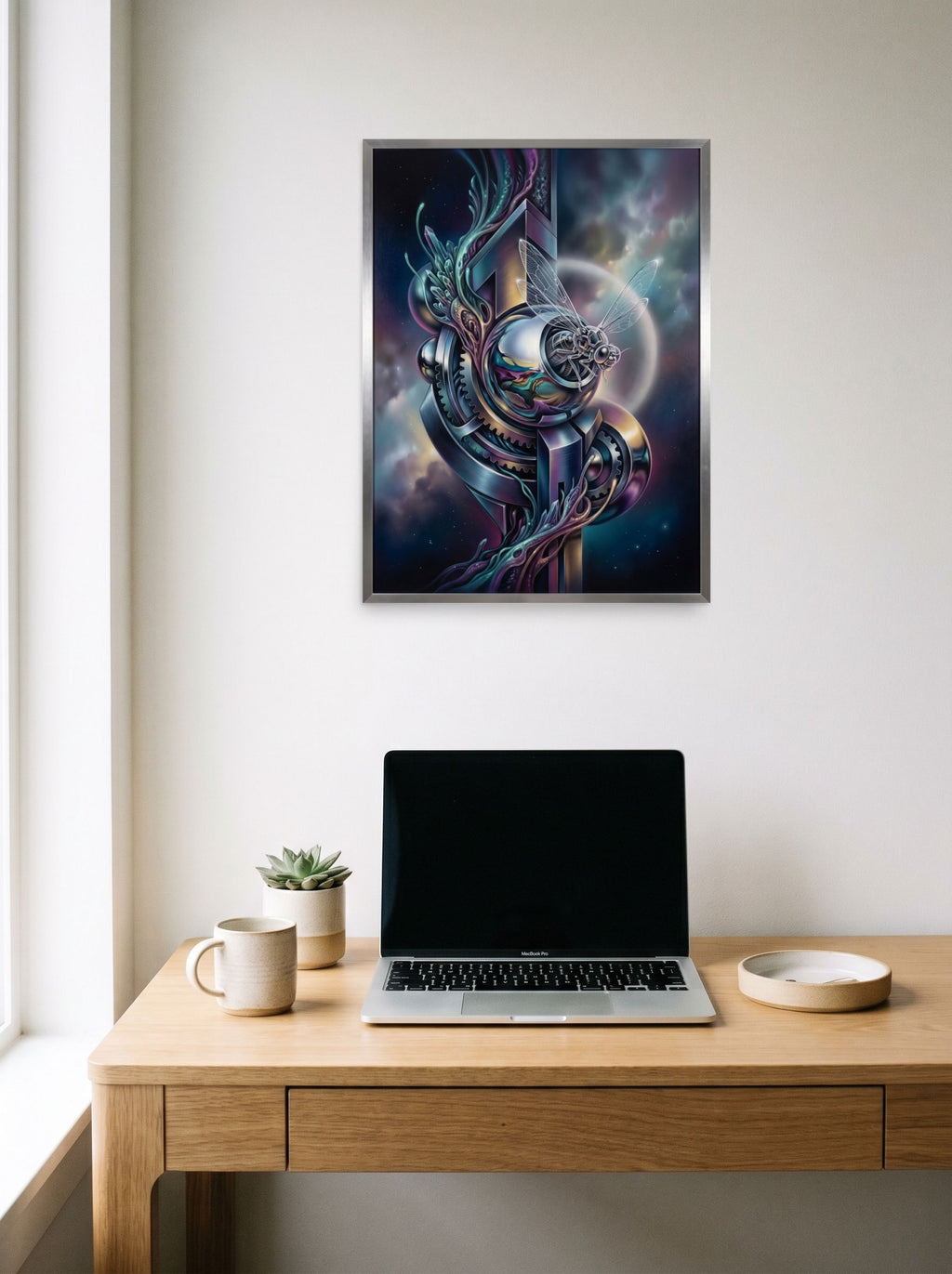 A 18x24 inch unframed paper Surrealism print of 'The Clockwork Aviator' hanging above a worktable with a laptop.