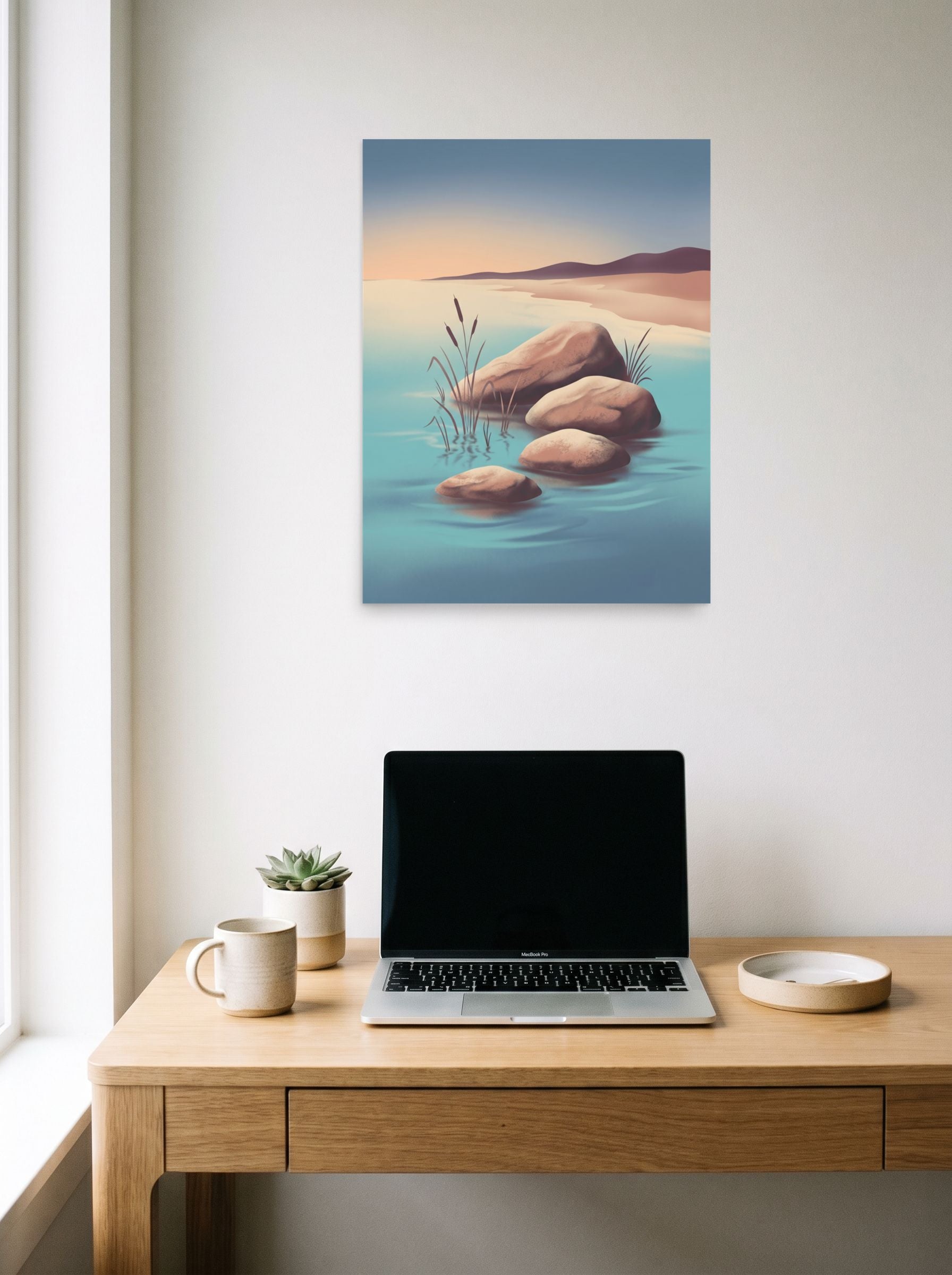 A 18x24 inch unframed paper Minimalism print of 'Zen Waters' hanging above a worktable with a laptop.