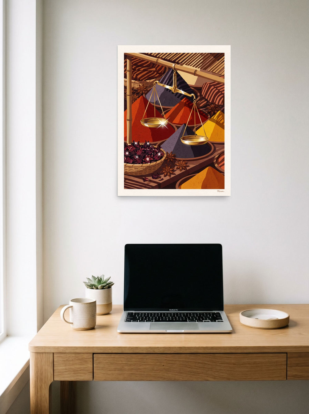 Art Deco wall art 'Spice Merchant's Balance', unframed paper at 18x24 inch, displayed over a compact desk setup.