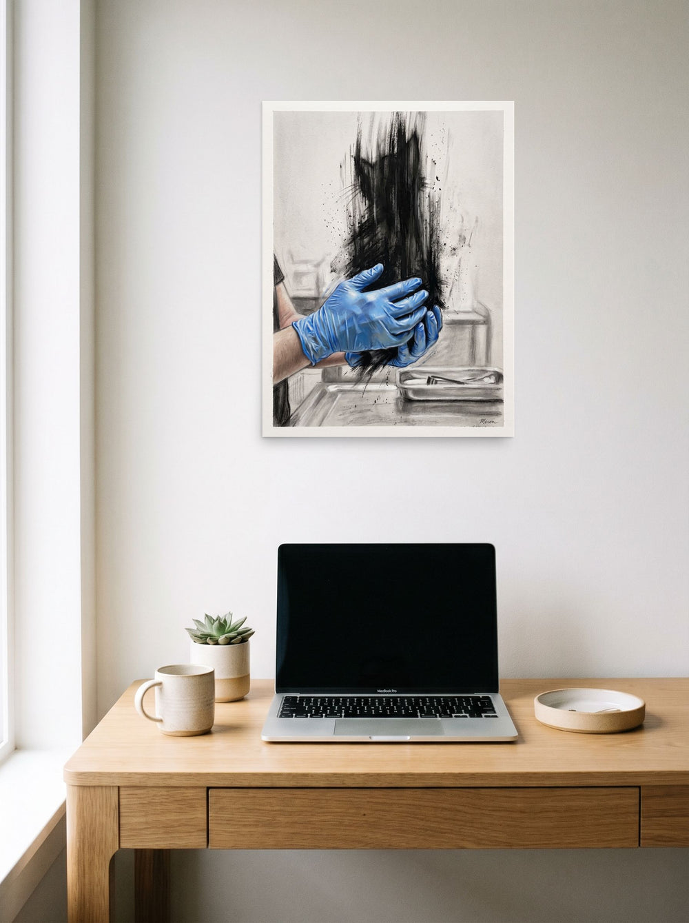'Ephemeral Feline Examination' as a unframed paper print, 18x24 inch, styled above a home-office workspace.