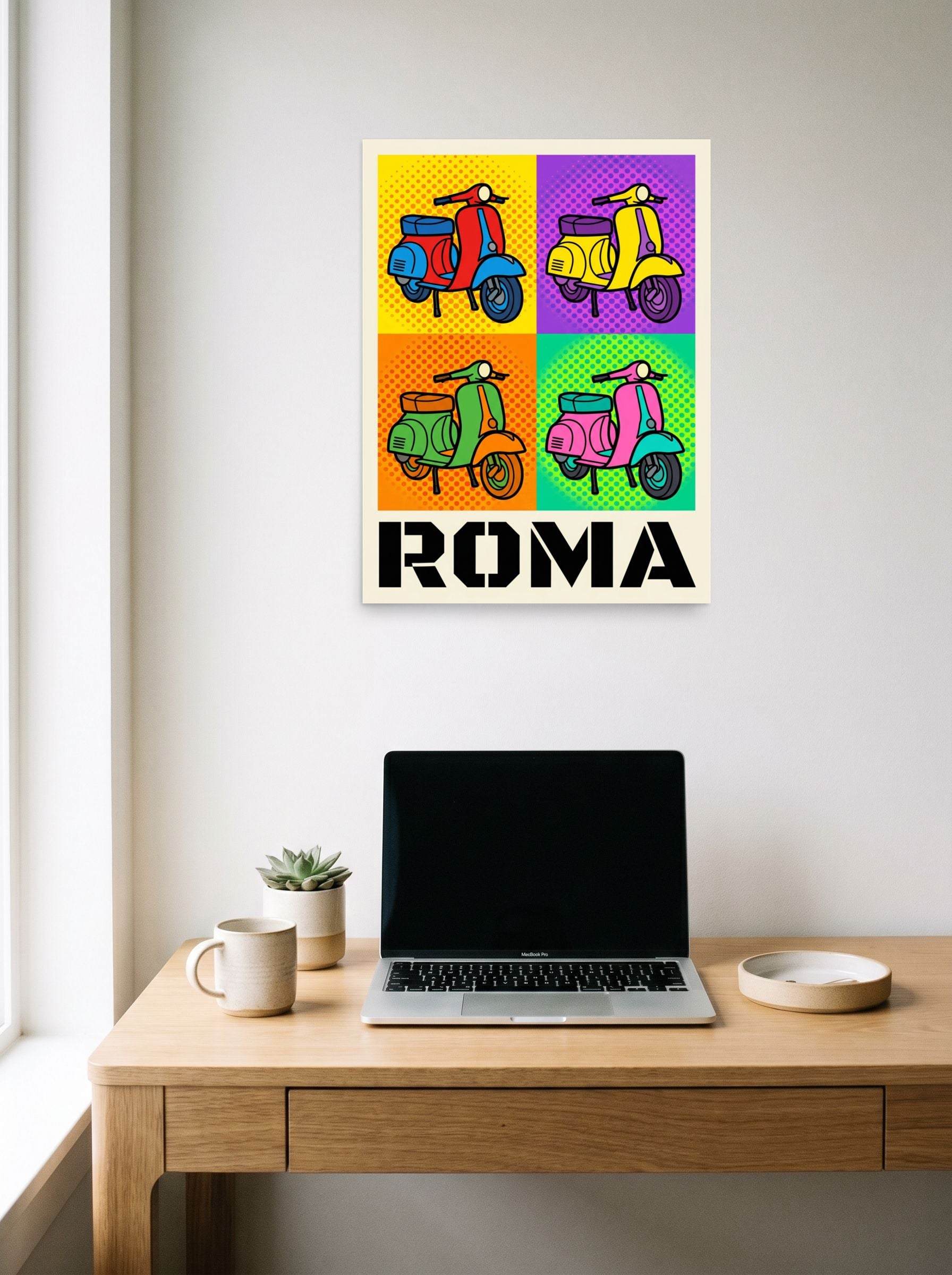 A 18x24 inch unframed paper Pop art print of 'Roma Scooter Pop' hanging above a worktable with a laptop.
