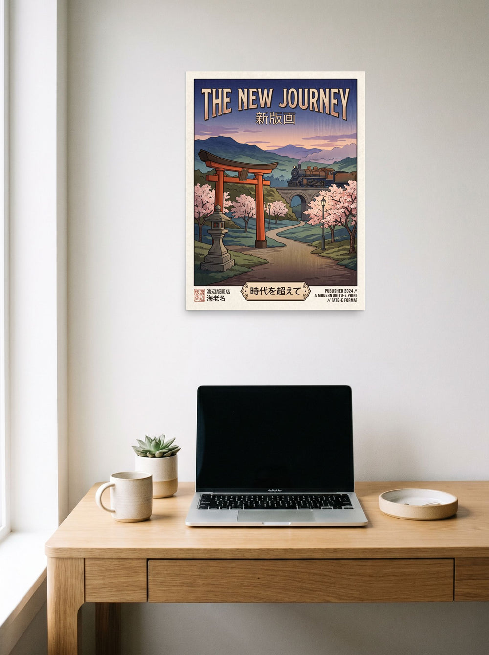 A 18x24 inch unframed paper Shin hanga print of 'The New Journey' hanging above a worktable with a laptop.