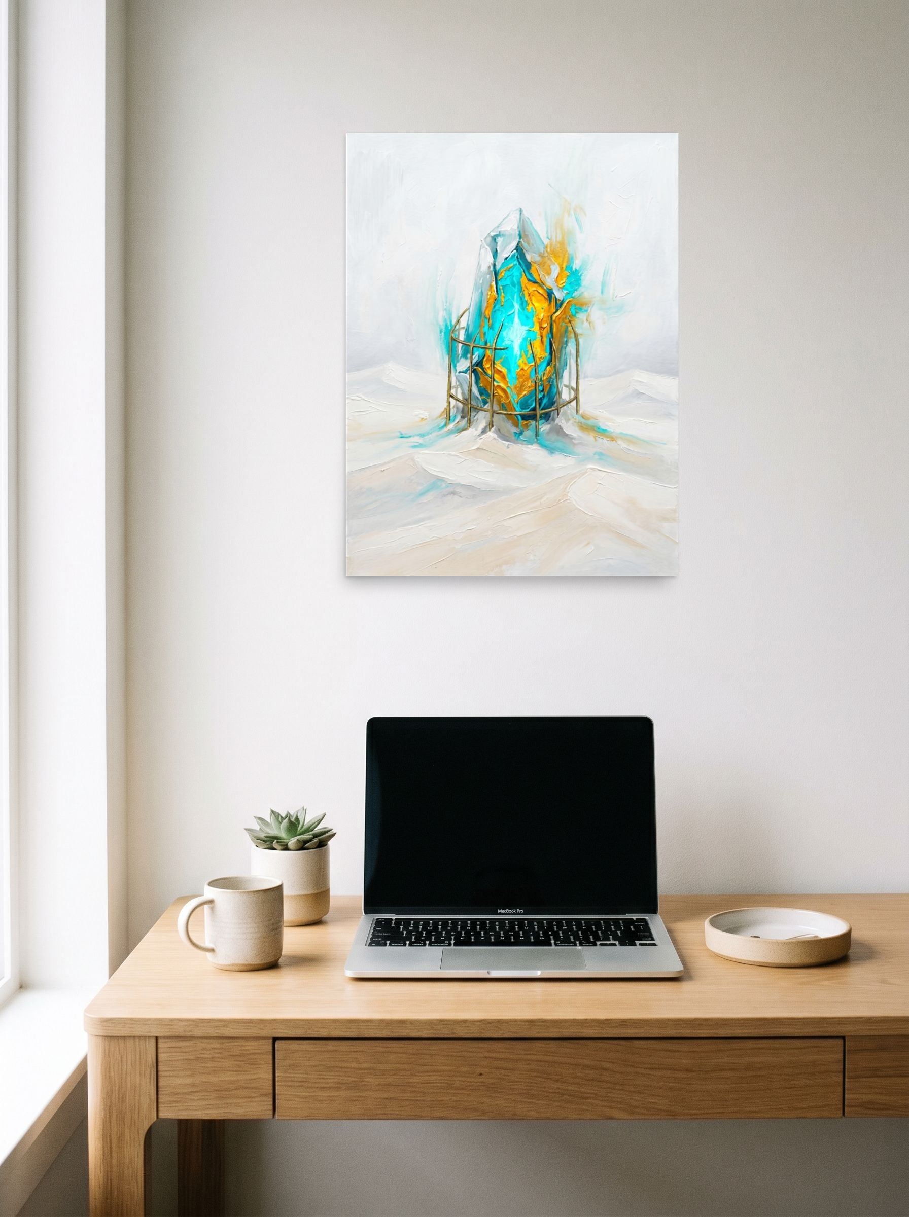 A 18x24 inch unframed paper Surrealism,Abstract expressionism print of 'Caged Luminescence' hanging above a worktable with a laptop.