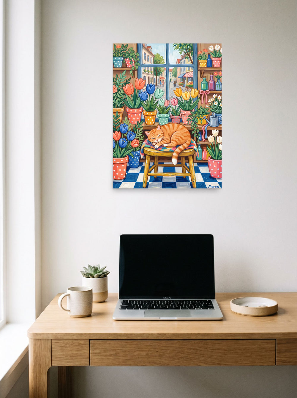 unframed paper wall art 'Flower Shop Naps' hanging above a worktable with a laptop, at 18x24 inch.