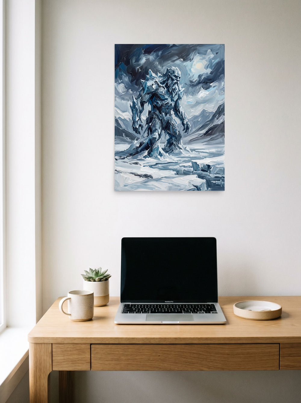 A 18x24 inch unframed paper Expressionism print of 'Titan of the Frost', styled above a home-office workspace.