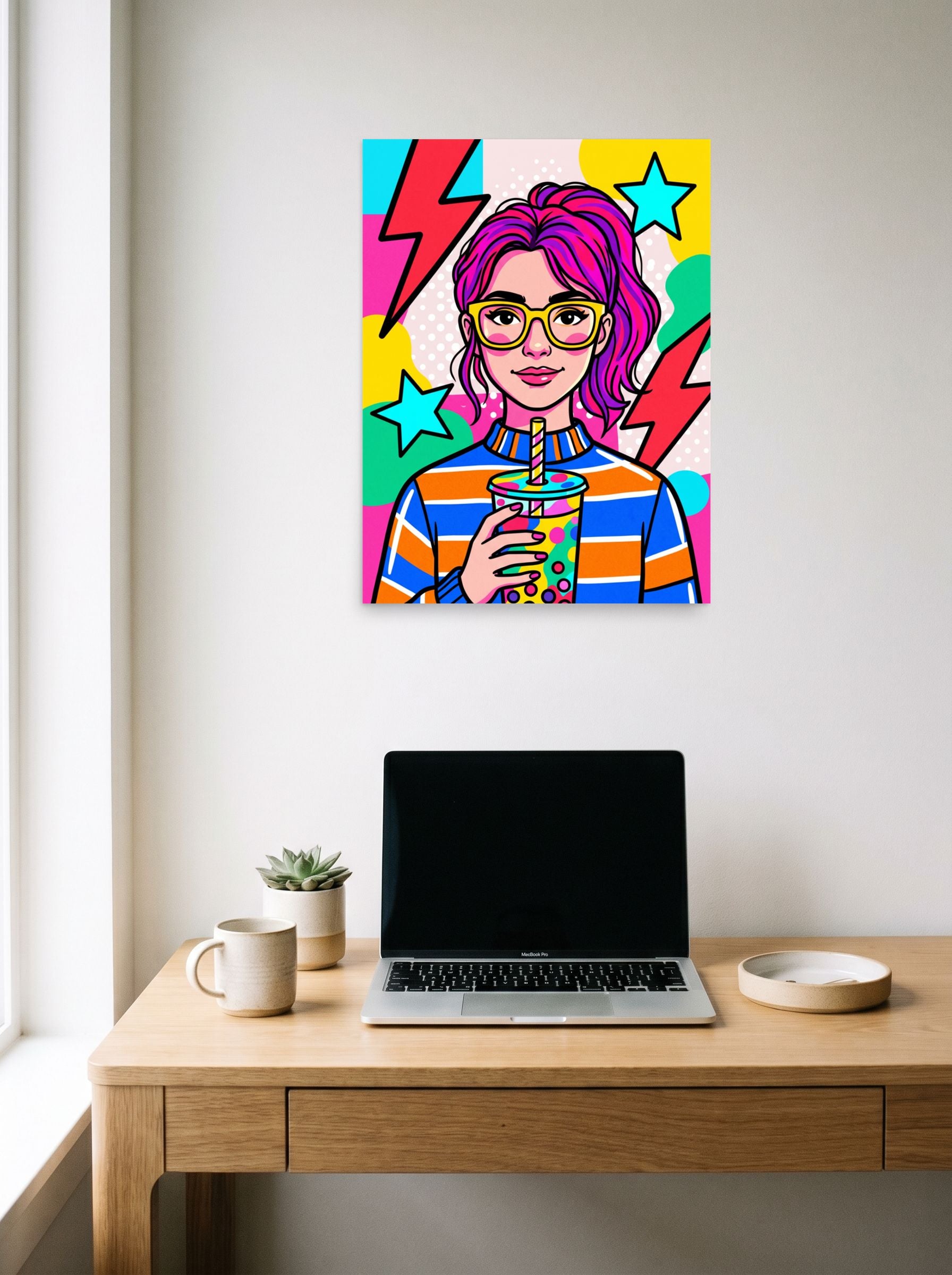 A 18x24 inch unframed paper Pop art print of 'Boba Pop' hanging above a worktable with a laptop.
