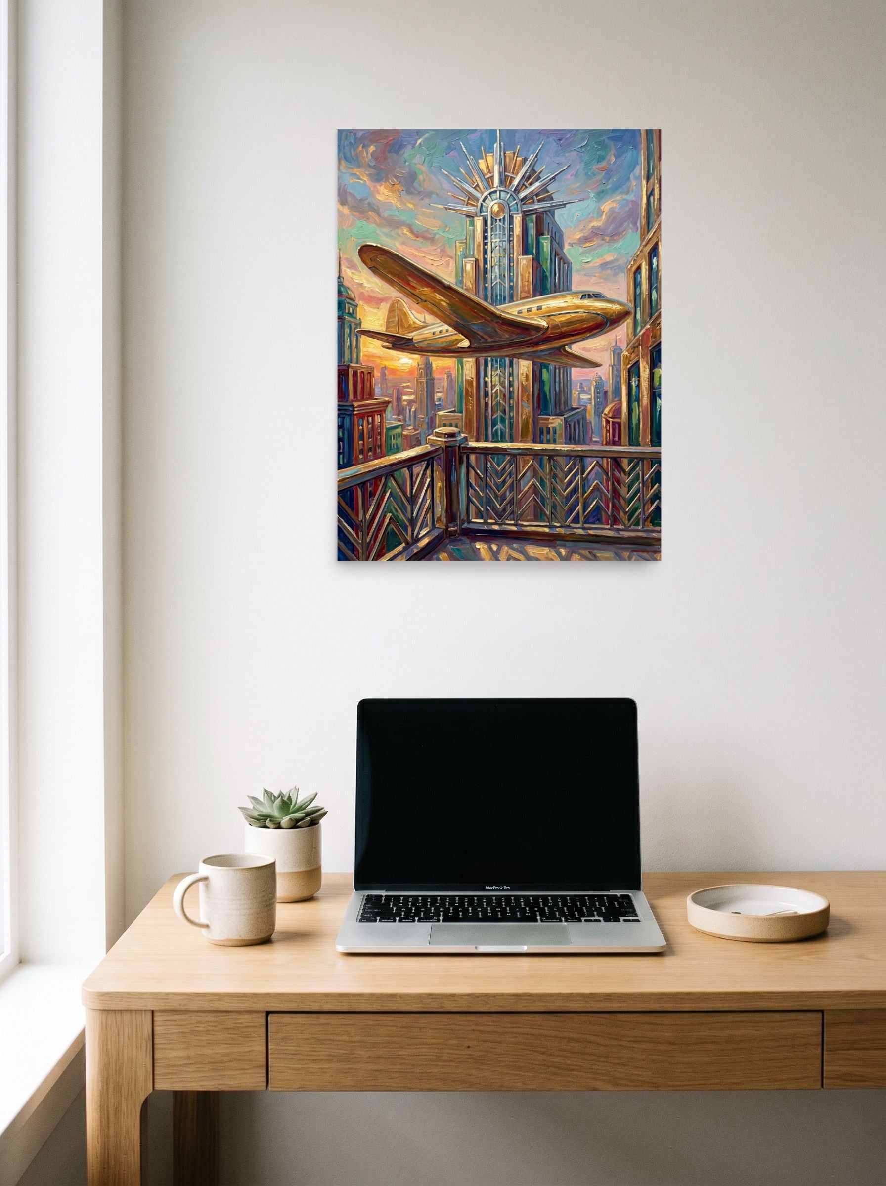 A 18x24 inch unframed paper Art Deco print of 'Flight Over the Golden Tower' hanging above a worktable with a laptop.