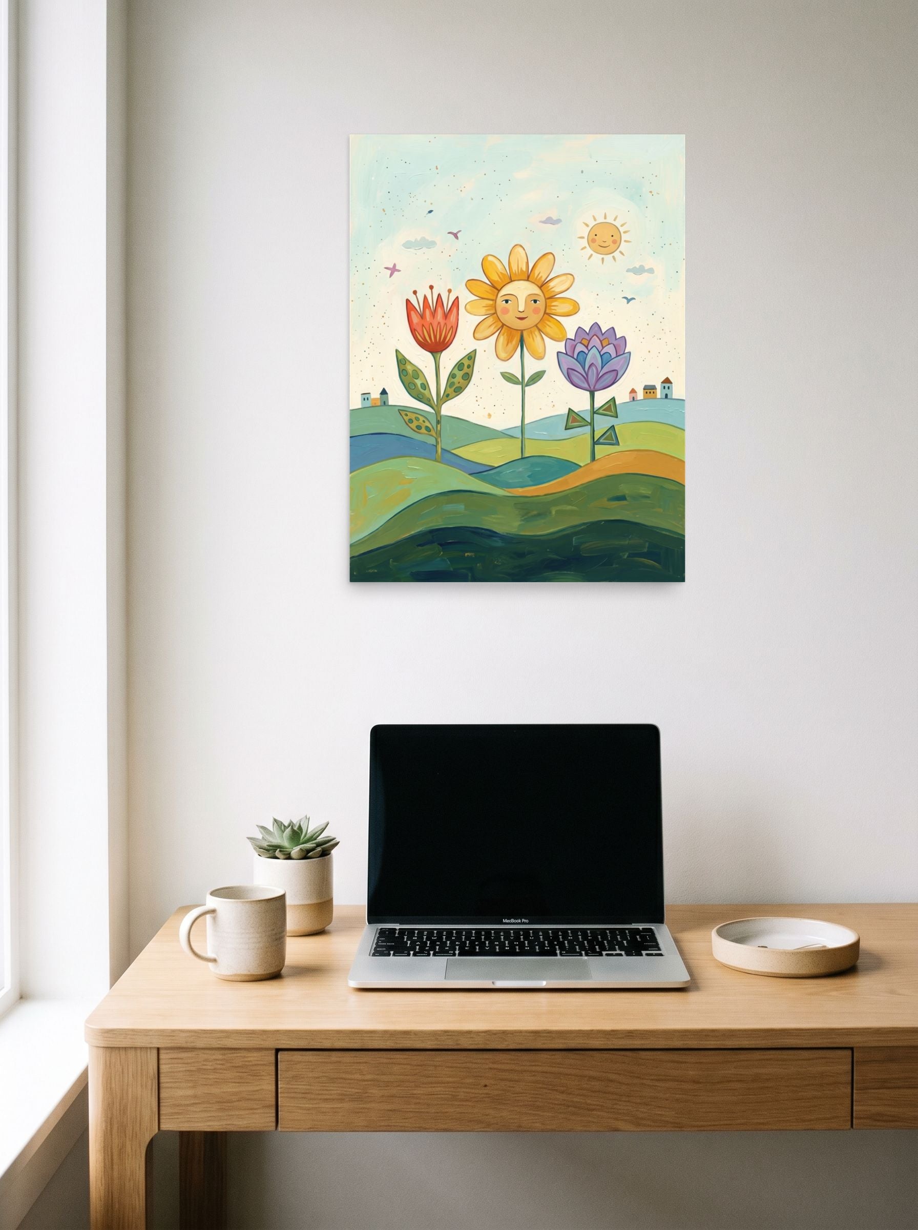 A 18x24 inch unframed paper Naive art print of 'Smiling Flowers In The Sun' hanging above a worktable with a laptop.