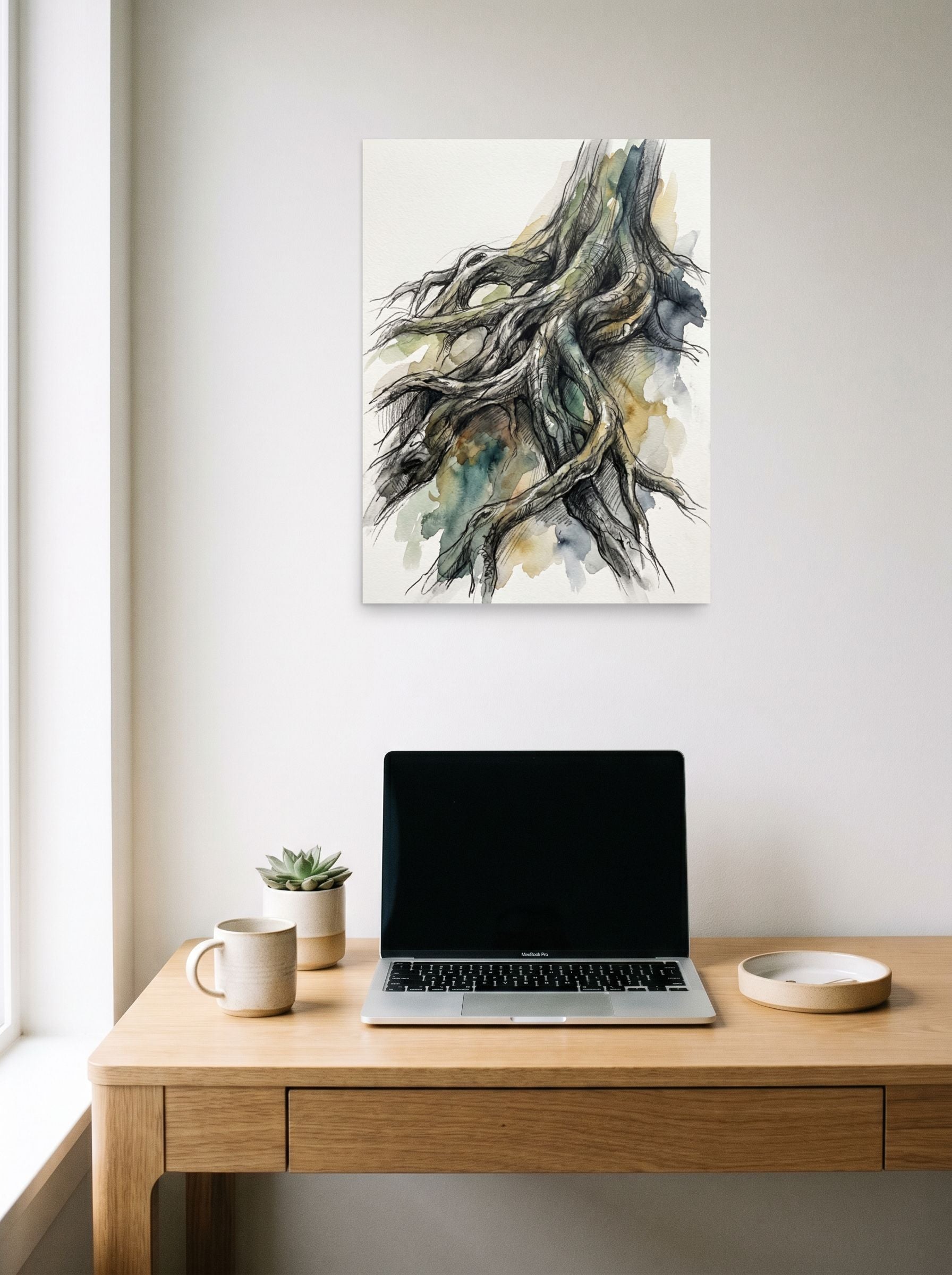 A 18x24 inch unframed paper Expressionism,Realism print of 'Twisted Roots' hanging above a worktable with a laptop.