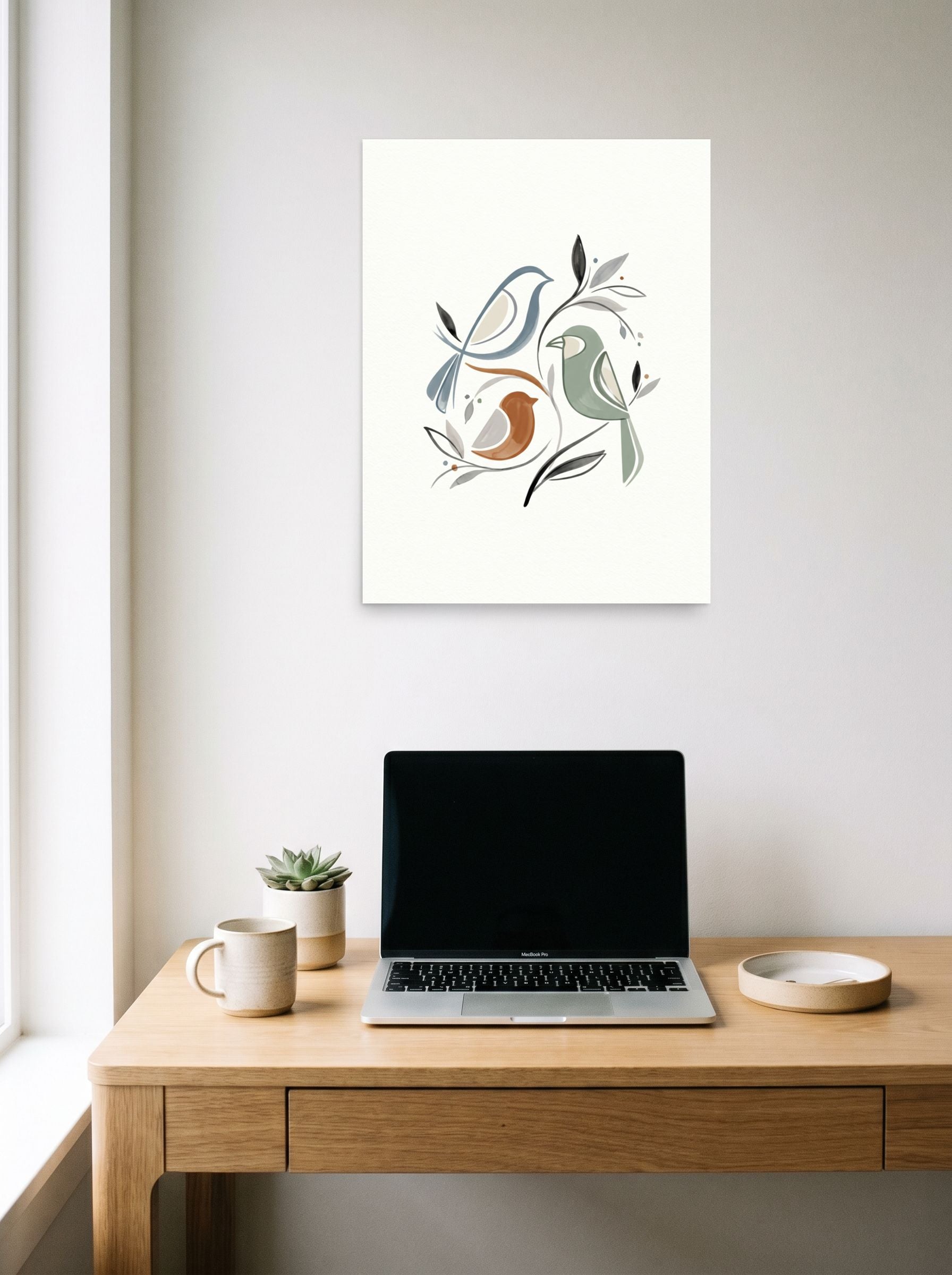A 18x24 inch unframed paper Minimalism,Abstract art print of 'Fluid Avian Harmony' hanging above a worktable with a laptop.