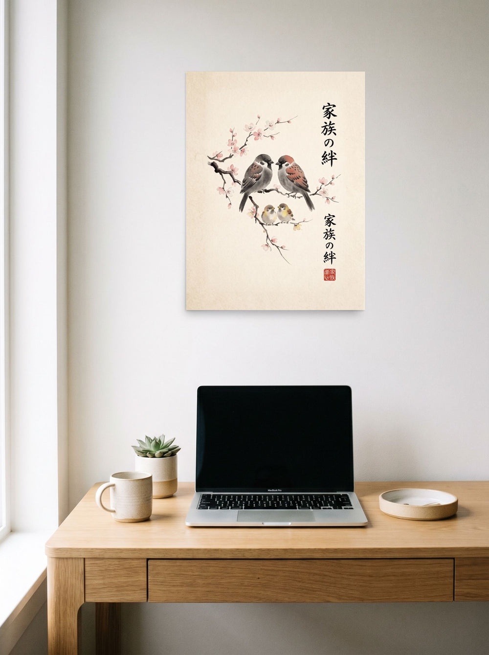 A 18x24 inch unframed paper Shin hanga,Japanese art print of 'Sparrows of Spring' hanging above a worktable with a laptop.
