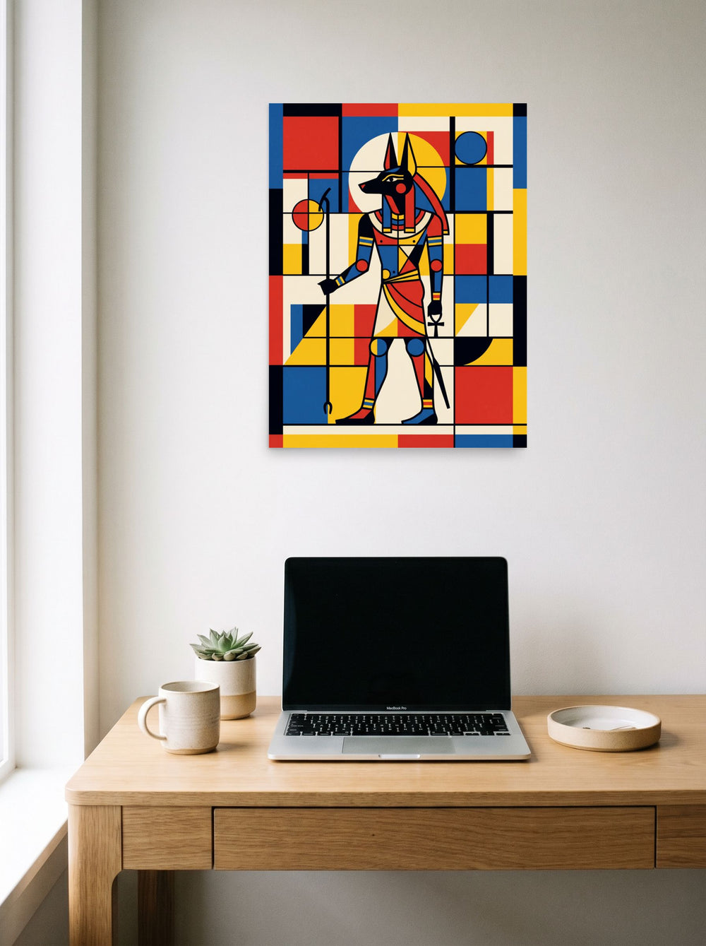 A 18x24 inch unframed paper De Stijl (also known as Neoplasticism) print of 'Mondrian's Anubis', styled above a home-office workspace.
