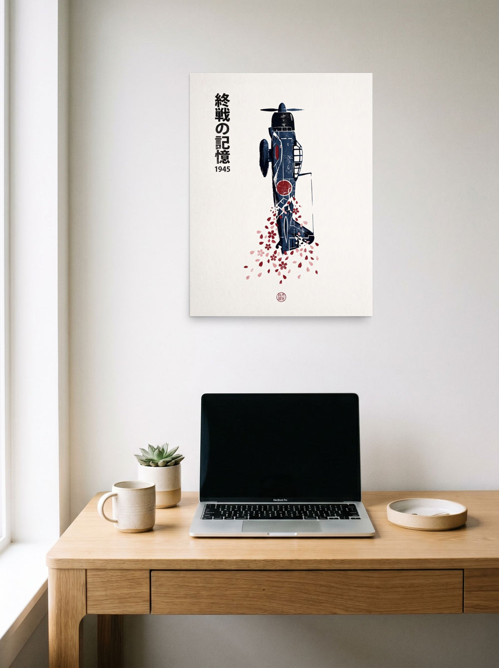 The Shin hanga print 'Memories of 1945', 18x24 inch unframed paper, displayed over a compact desk setup.