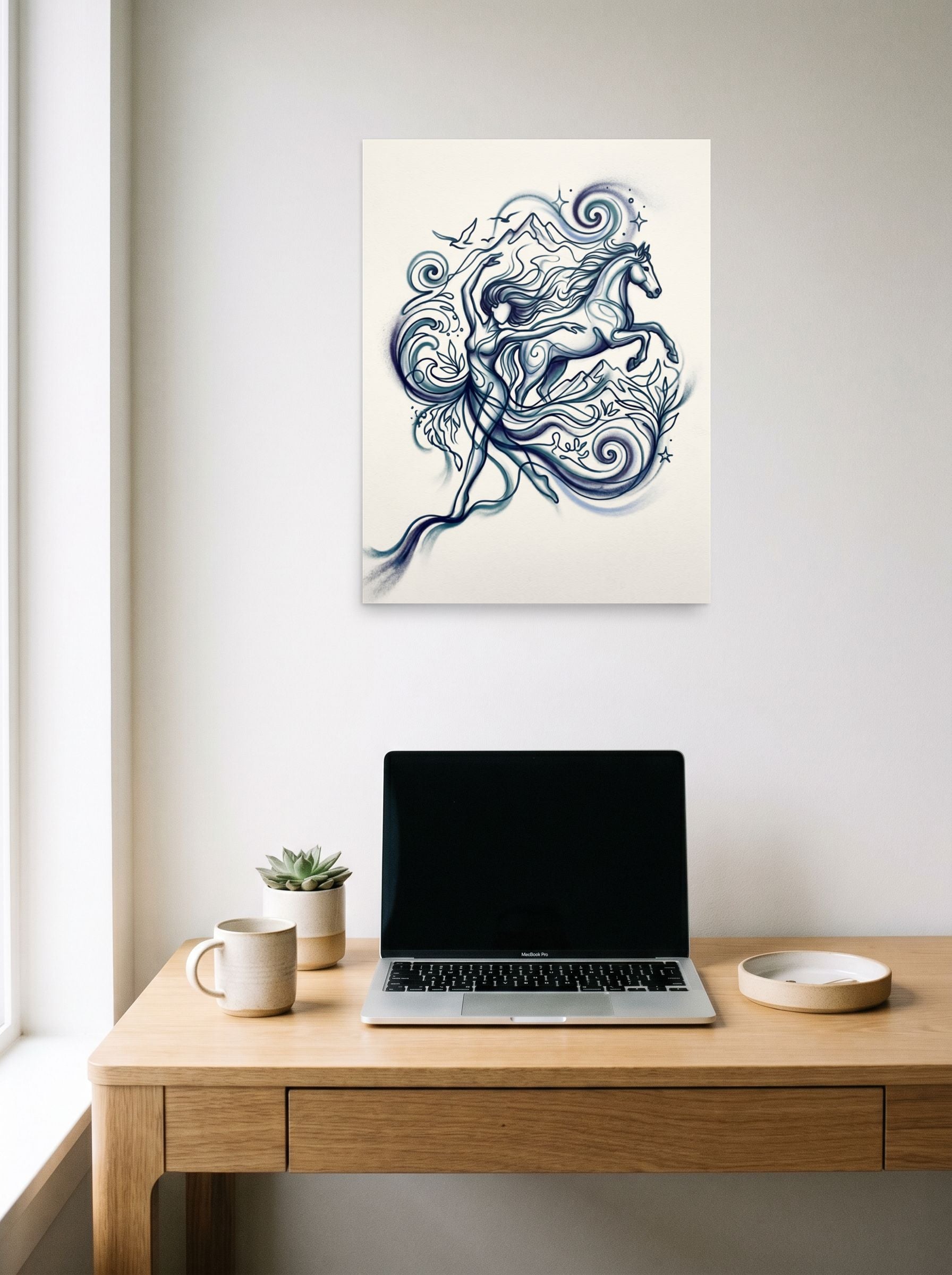 A 18x24 inch unframed paper Arabesque,Figurative art print of 'Wind and Spirit' hanging above a worktable with a laptop.