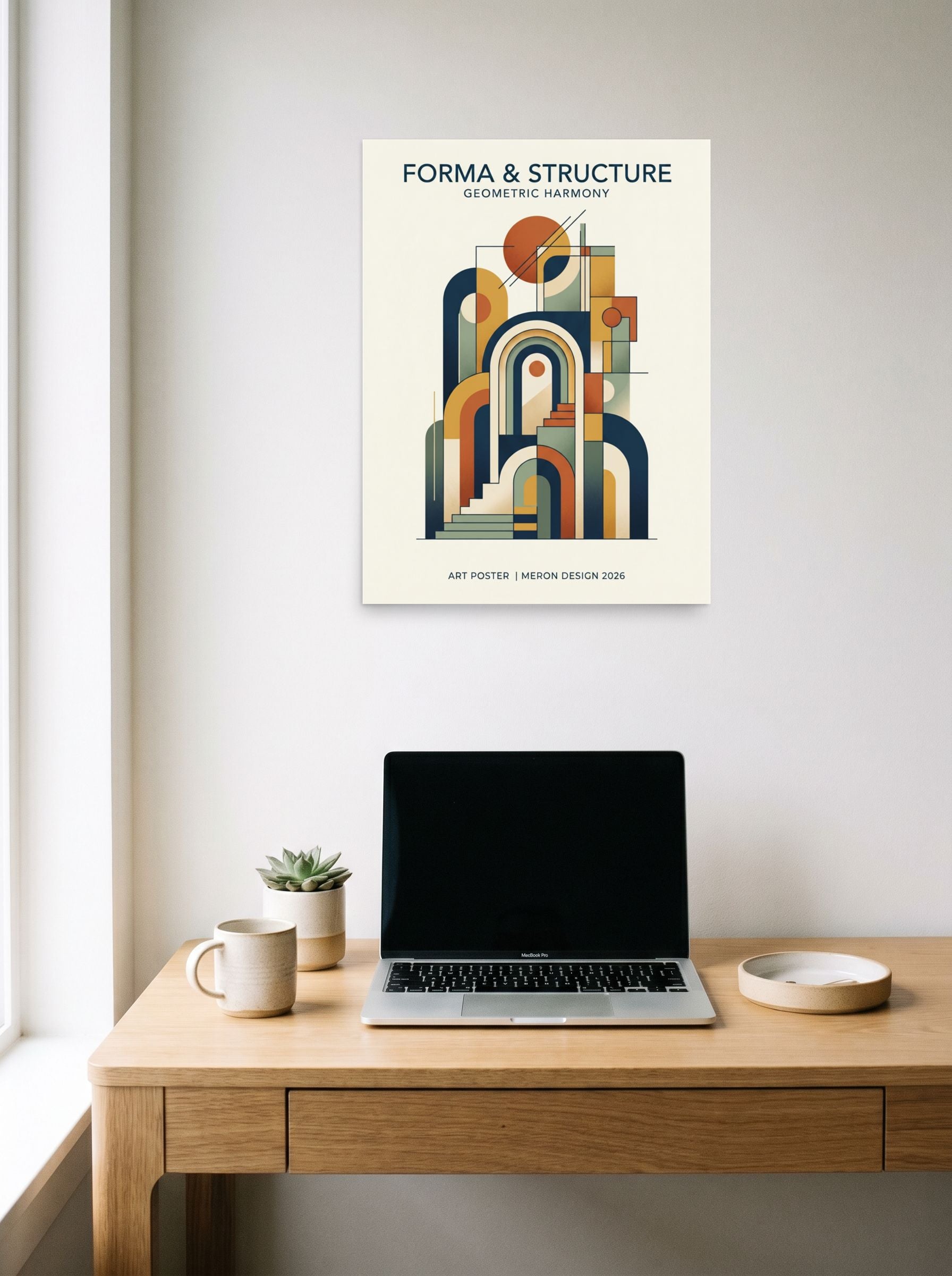 A 18x24 inch unframed paper Geometric abstract art,Bauhaus print of 'Geometric Harmony' hanging above a worktable with a laptop.