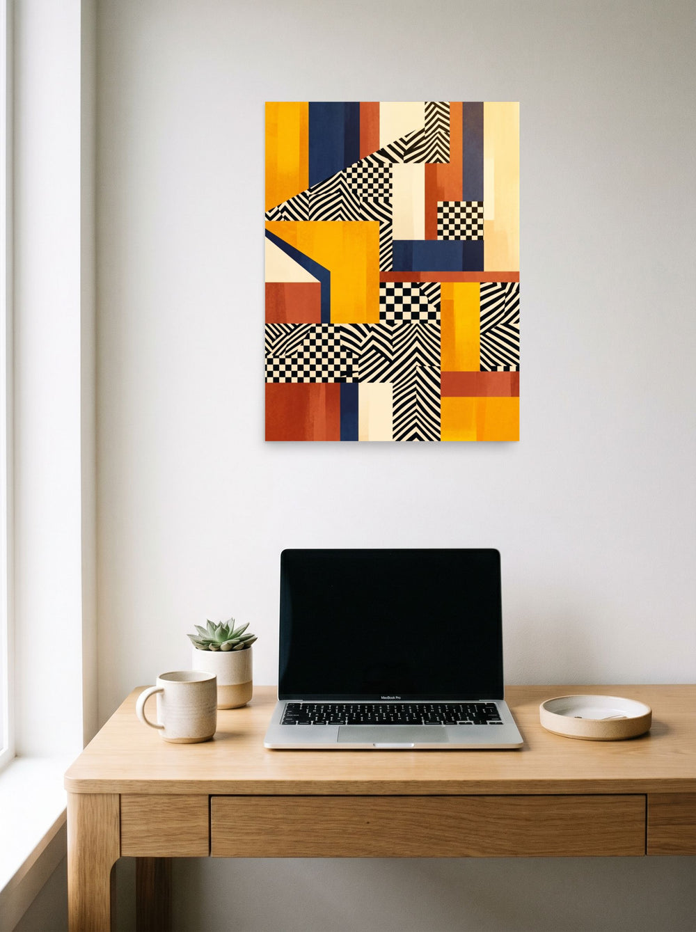 A 18x24 inch unframed paper Geometric abstract art,Op Art print of 'Checkerboard Resonance' hanging above a worktable with a laptop.