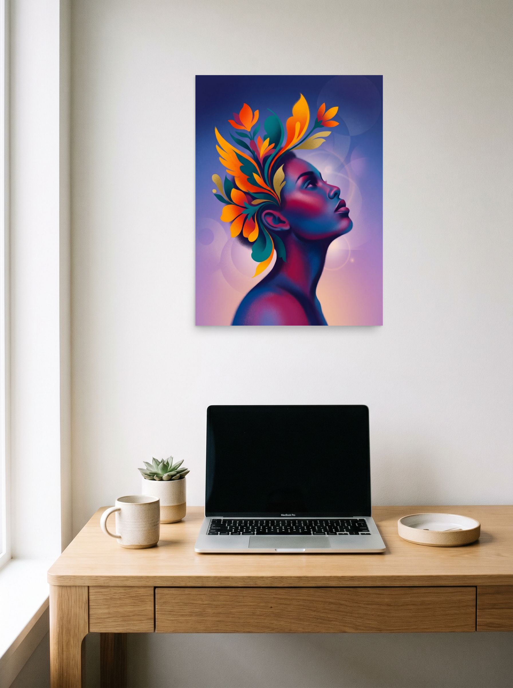 A 18x24 inch unframed paper Surrealism print of 'Blossoming Thoughts' hanging above a worktable with a laptop.