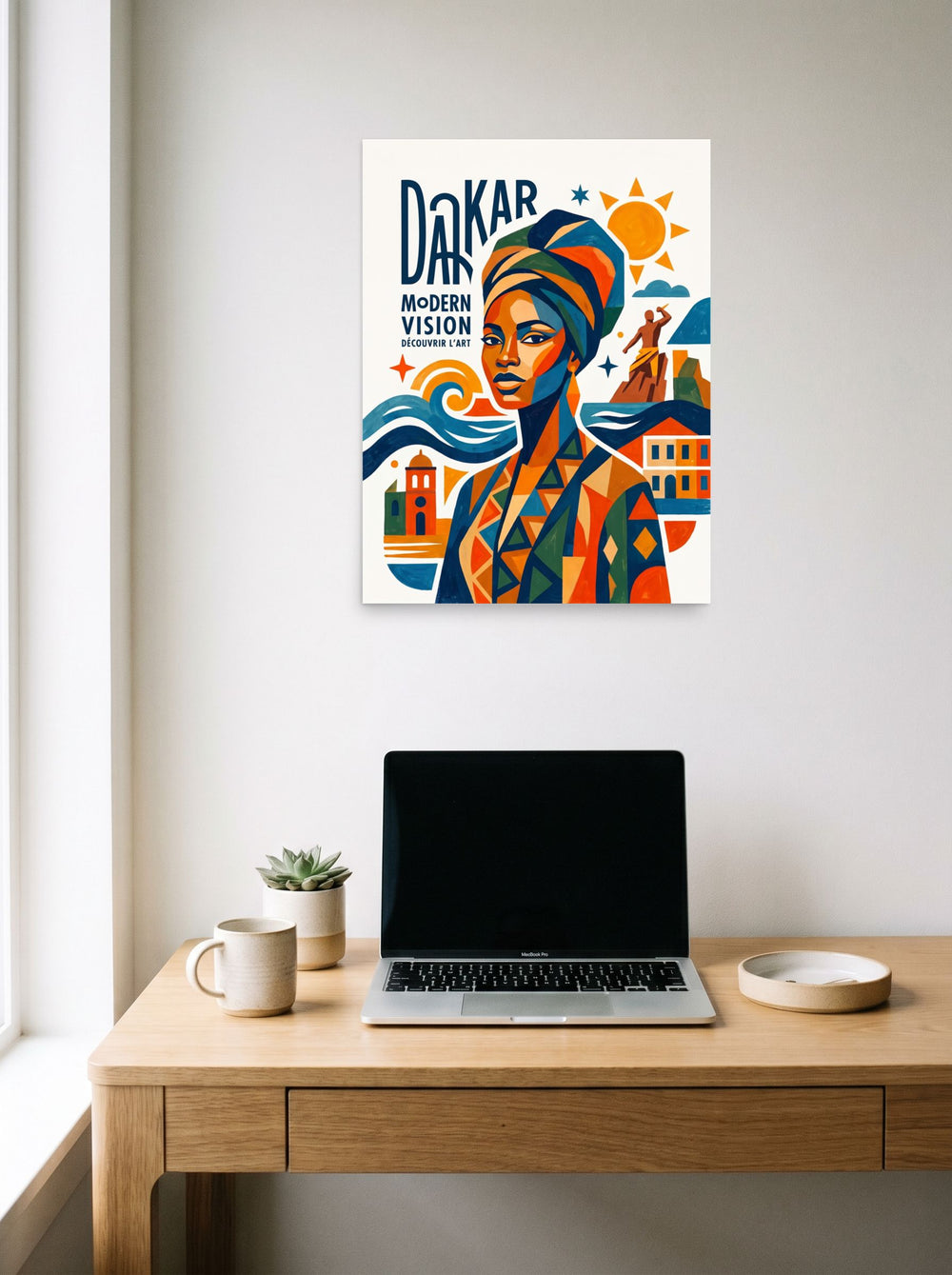 A 18x24 inch unframed paper Dakar School,Cubism print of 'Dakar Modern Vision' hanging above a worktable with a laptop.