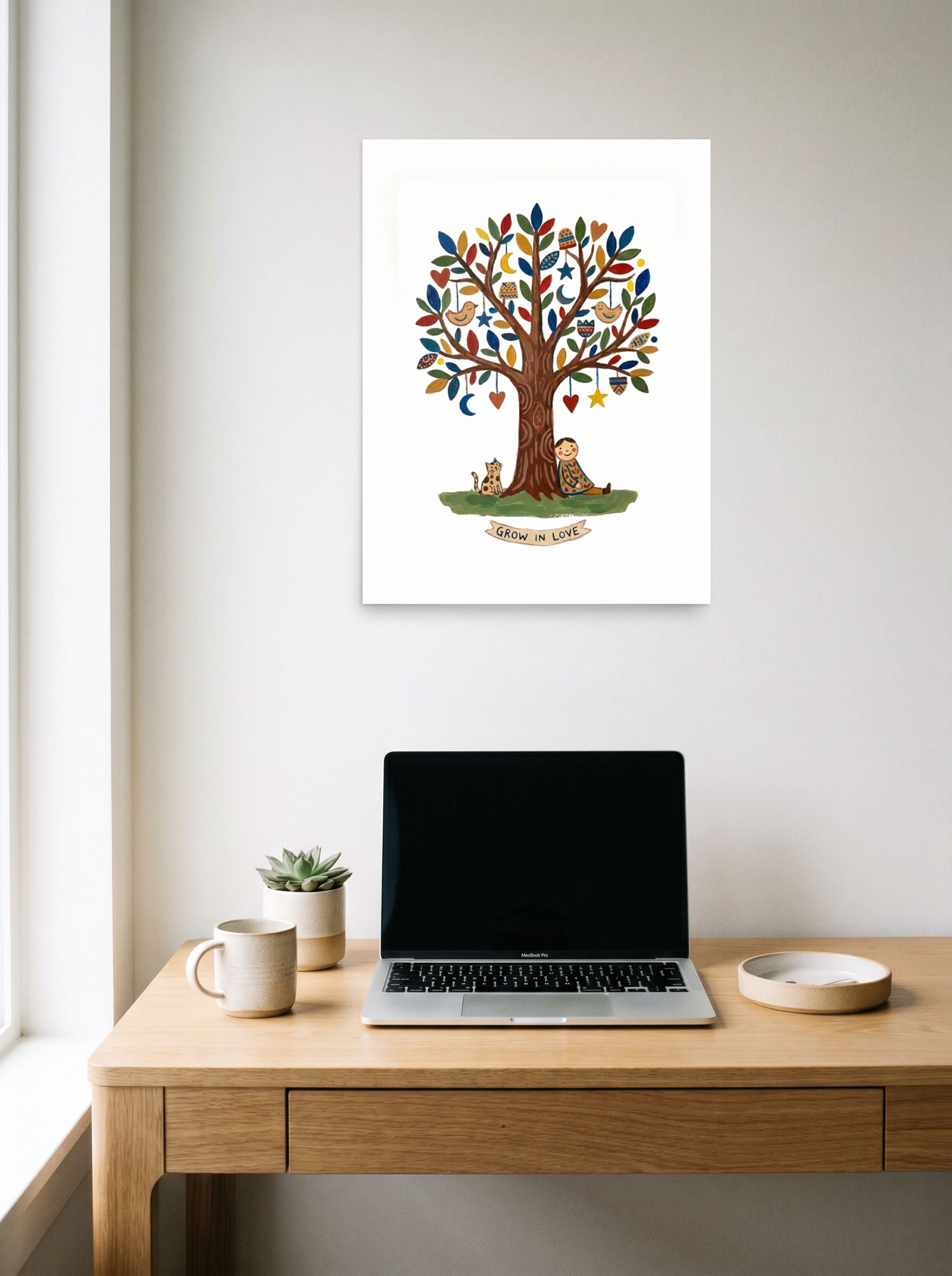 A 18x24 inch unframed paper Naive art print of 'The Tree Of Love' hanging above a worktable with a laptop.
