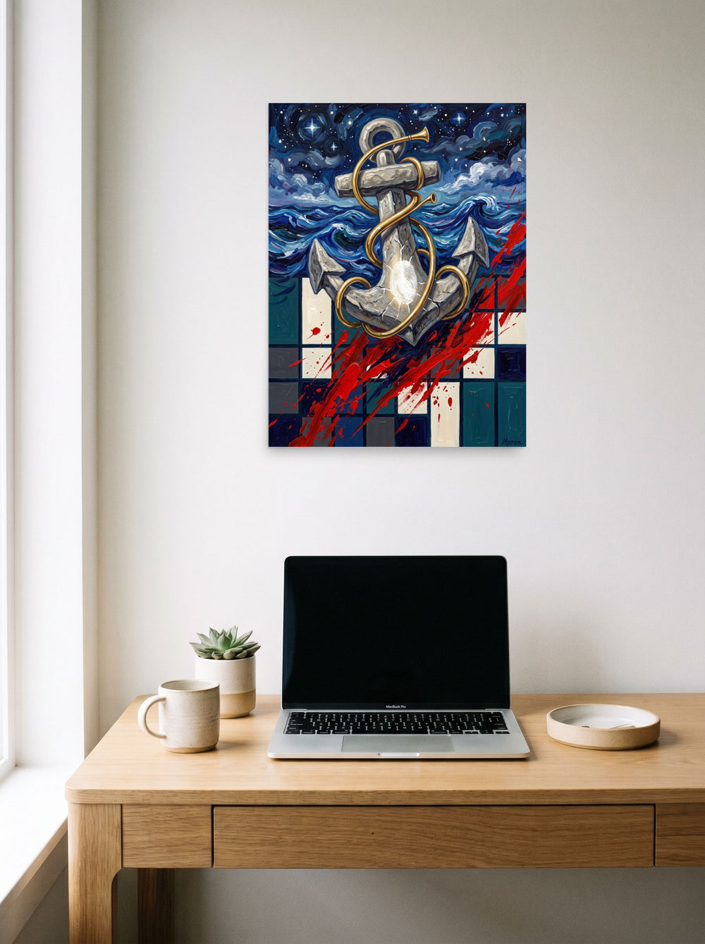 unframed paper wall art 'Anchor of the Horizon' styled above a home-office workspace, at 18x24 inch.