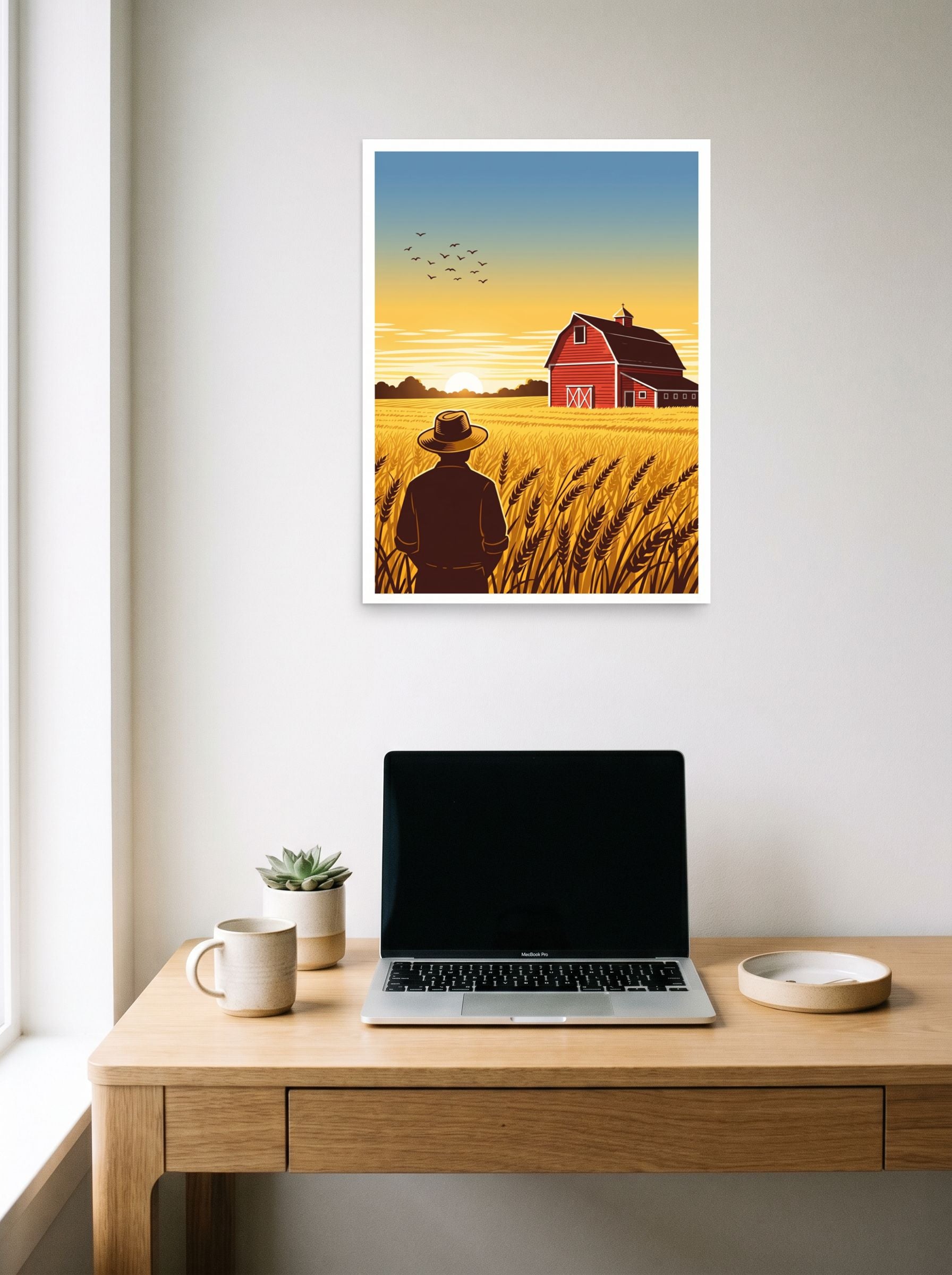 A 18x24 inch unframed paper American Scene Painting,Digital art print of 'Harvest Horizons' hanging above a worktable with a laptop.