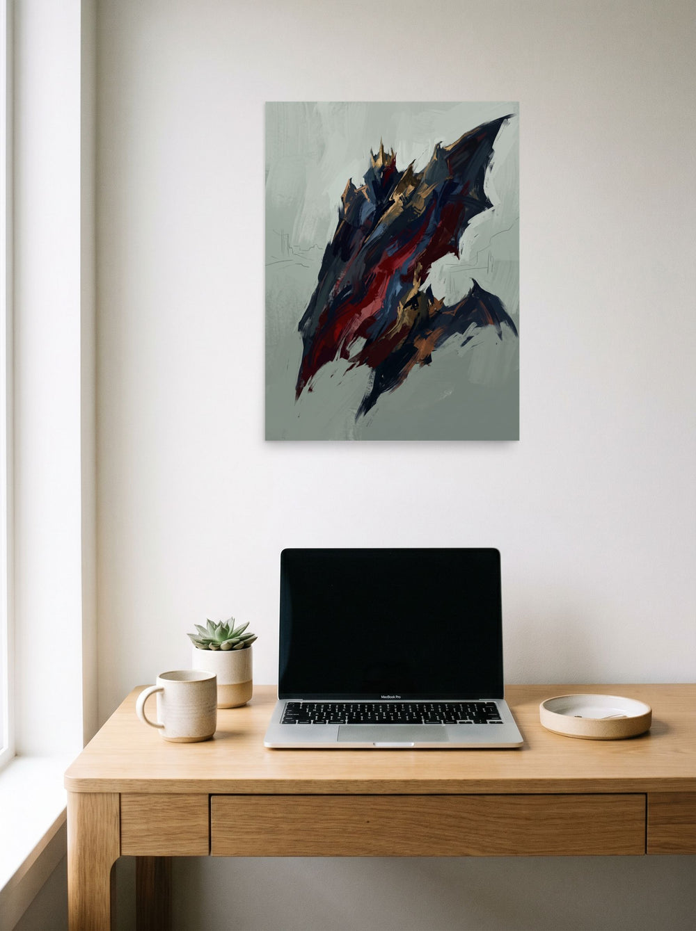 The unframed paper print 'The Crimson King' styled above a home-office workspace, shown at 18x24 inch.