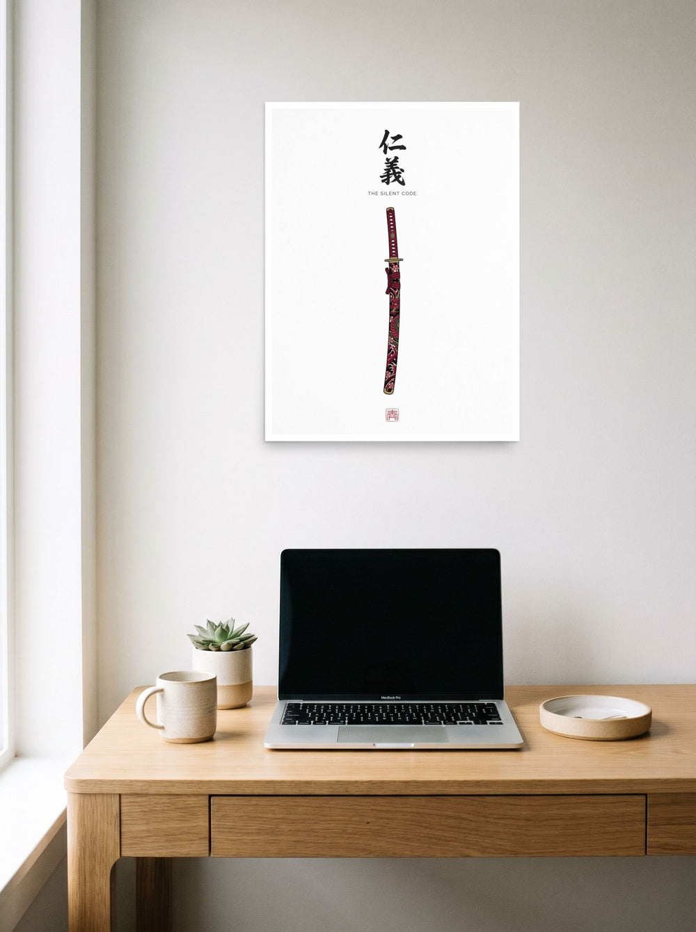 A 18x24 inch unframed paper Shin hanga print of 'The Silent Code' hanging above a worktable with a laptop.