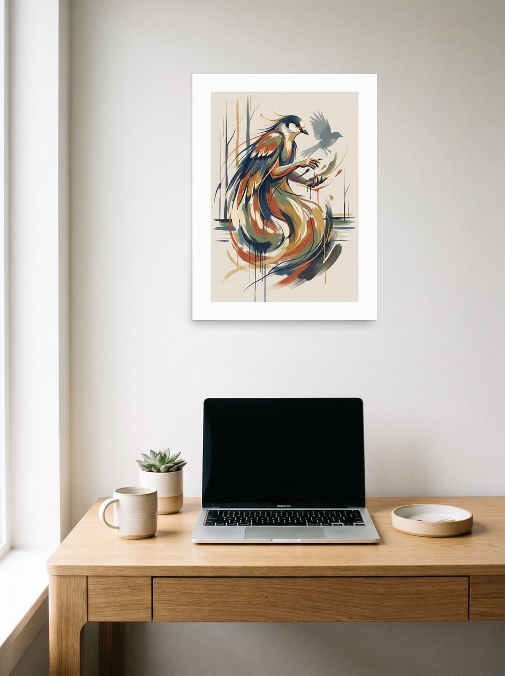 Art Nouveau wall art 'Song of the Gamayun', unframed paper at 18x24 inch, hanging above a worktable with a laptop.