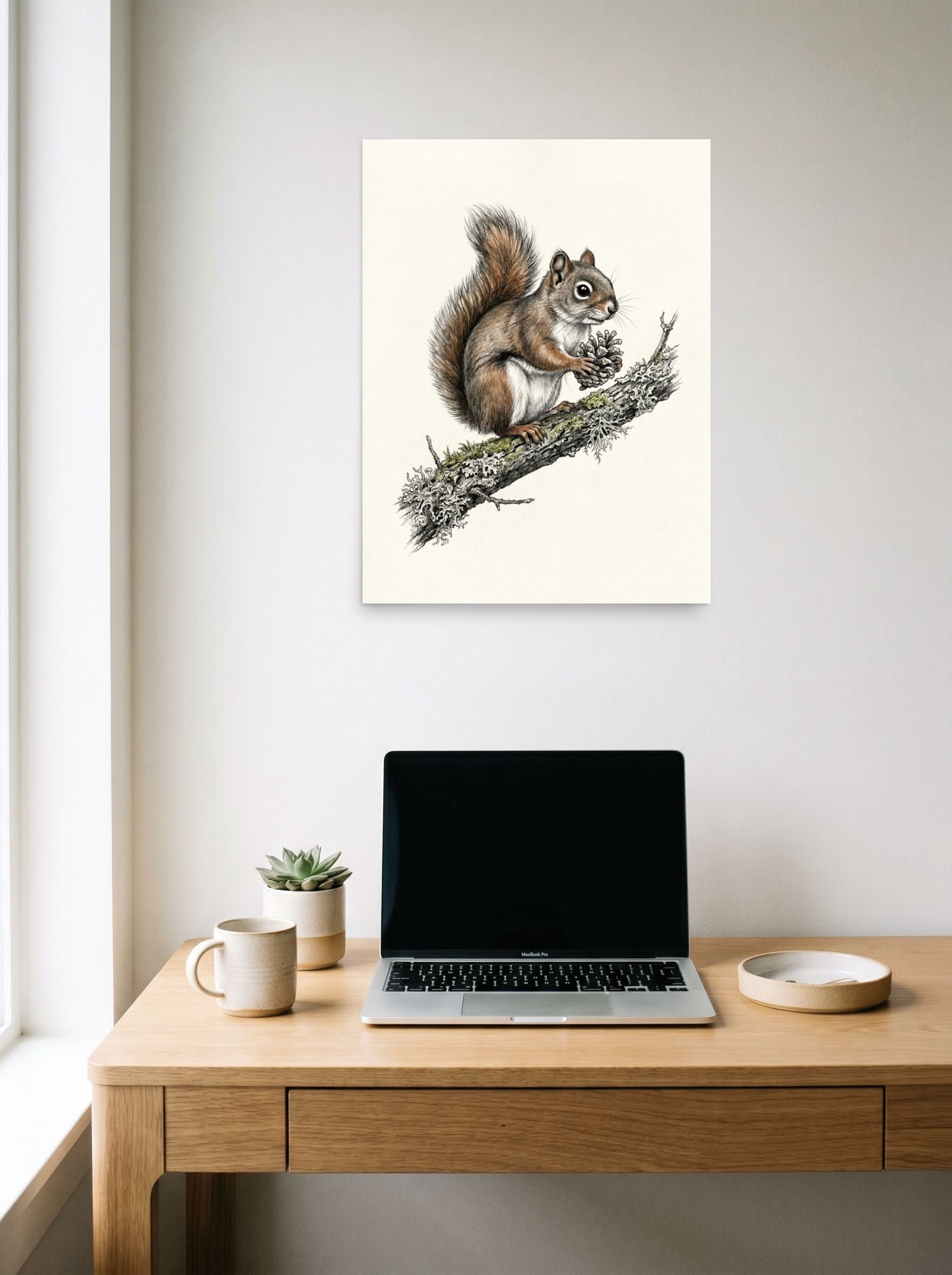 A 18x24 inch unframed paper Academic art,Realism print of 'Red Squirrel with Pinecone' hanging above a worktable with a laptop.