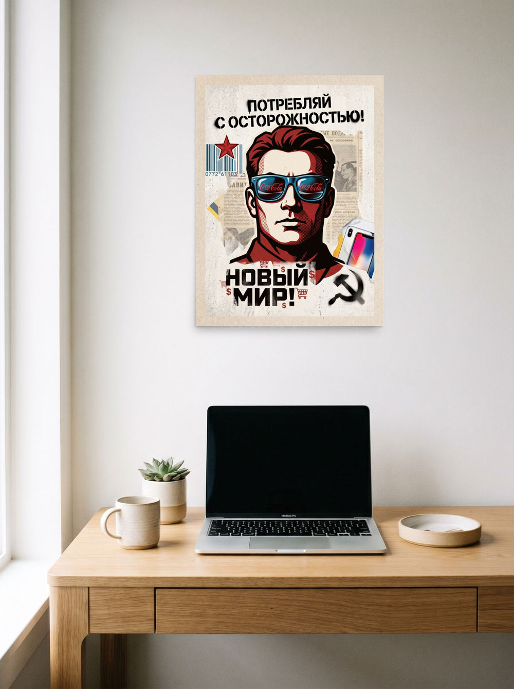 A unframed paper print of the Pop art artwork 'Consume With Caution', hanging above a worktable with a laptop.